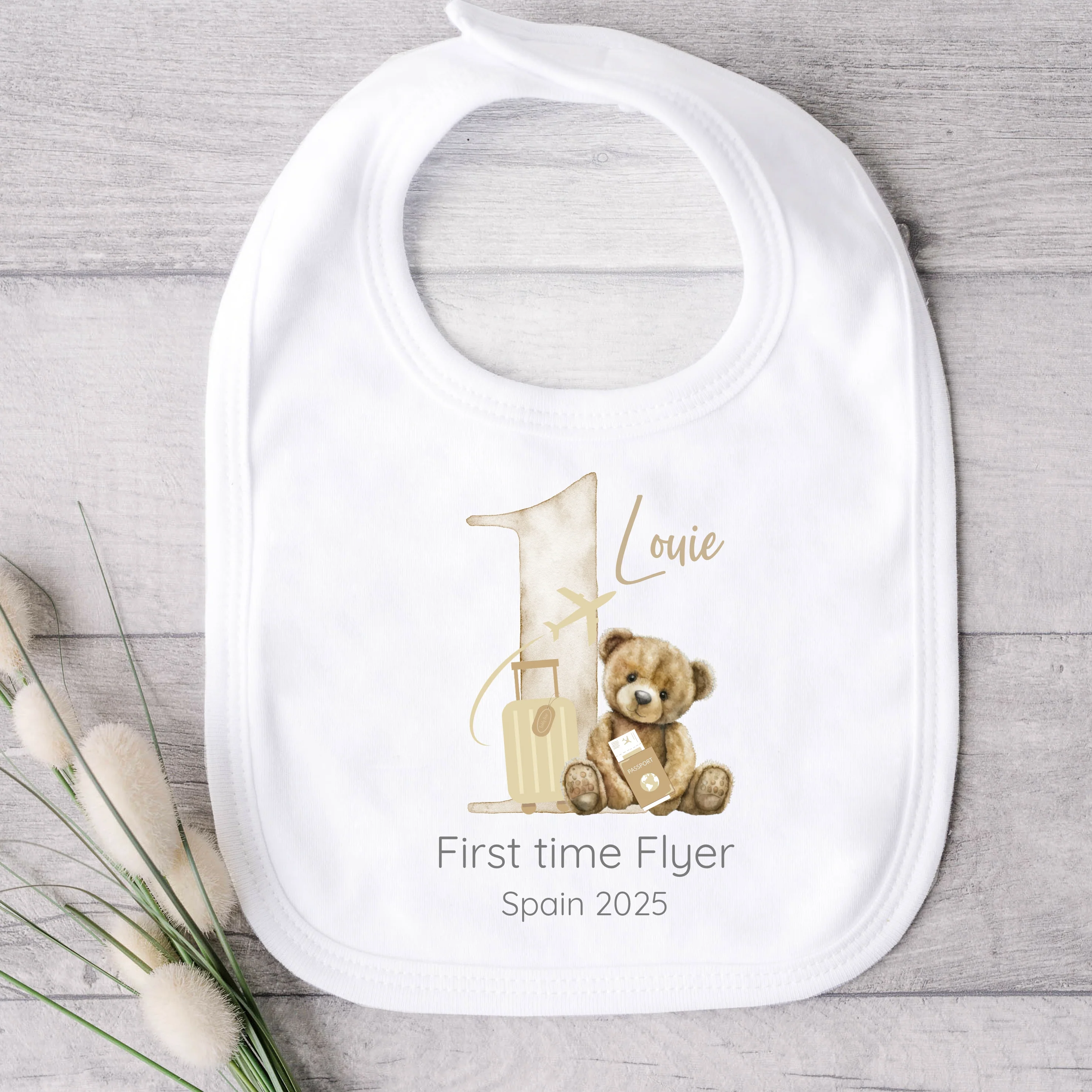 Personalised Beige Teddy Suitcase 1st Time Flyer Baby Vest/T-shirt - Image 3