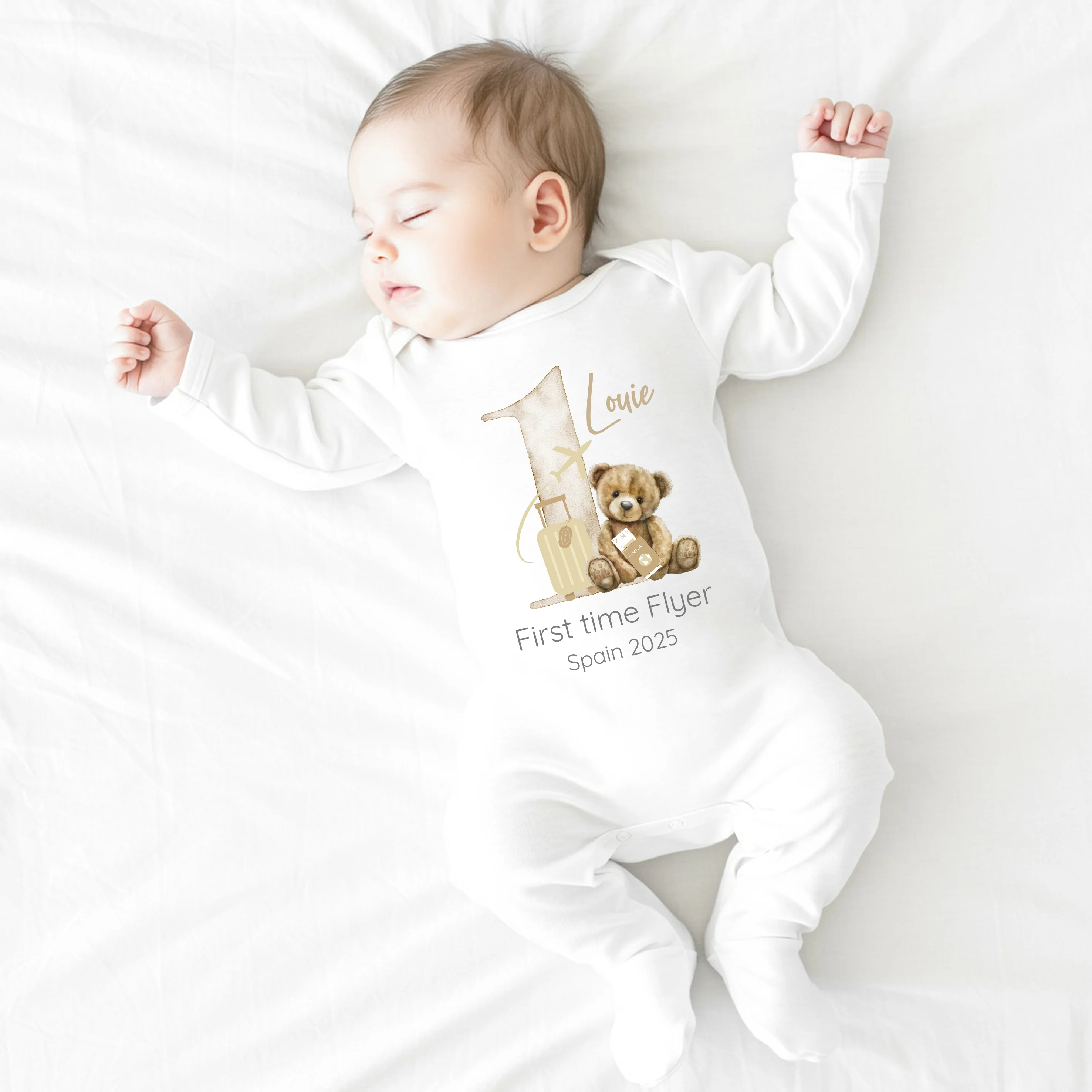 Personalised Beige Teddy Suitcase 1st Time Flyer Baby Vest/T-shirt - Image 4