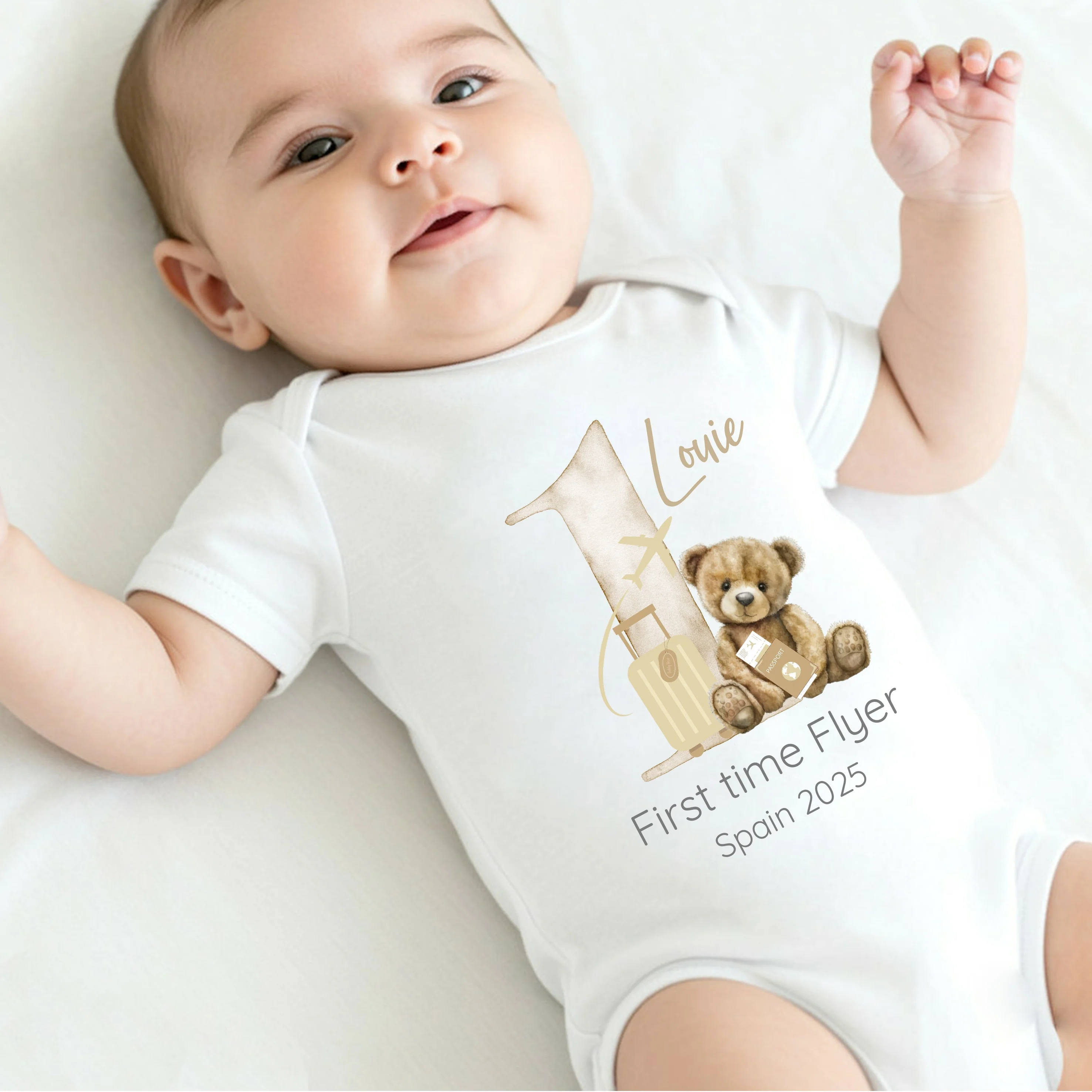 Personalised Beige Teddy Suitcase 1st Time Flyer Baby Vest/T-shirt - Image 5