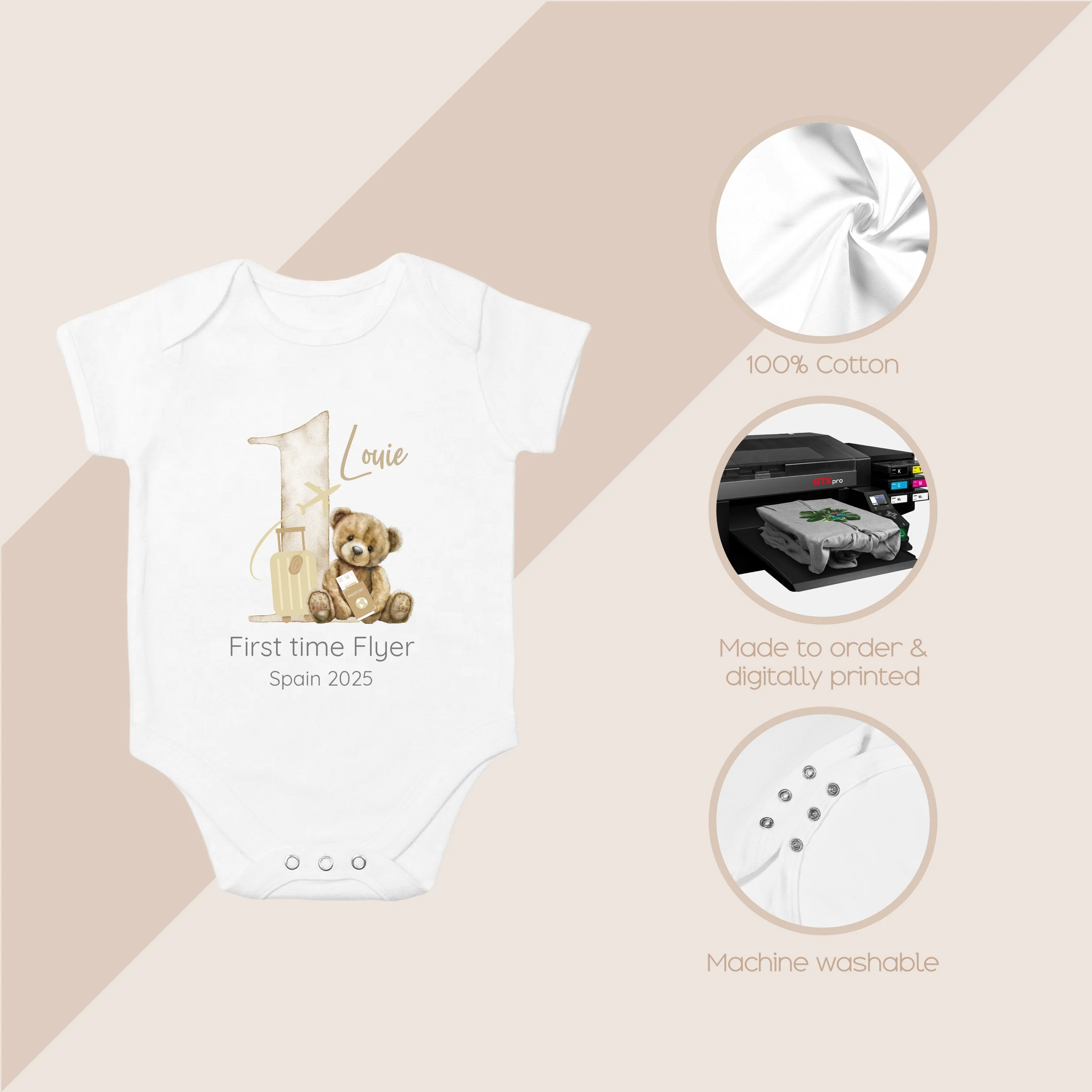 Personalised Beige Teddy Suitcase 1st Time Flyer Baby Vest/T-shirt - Image 6