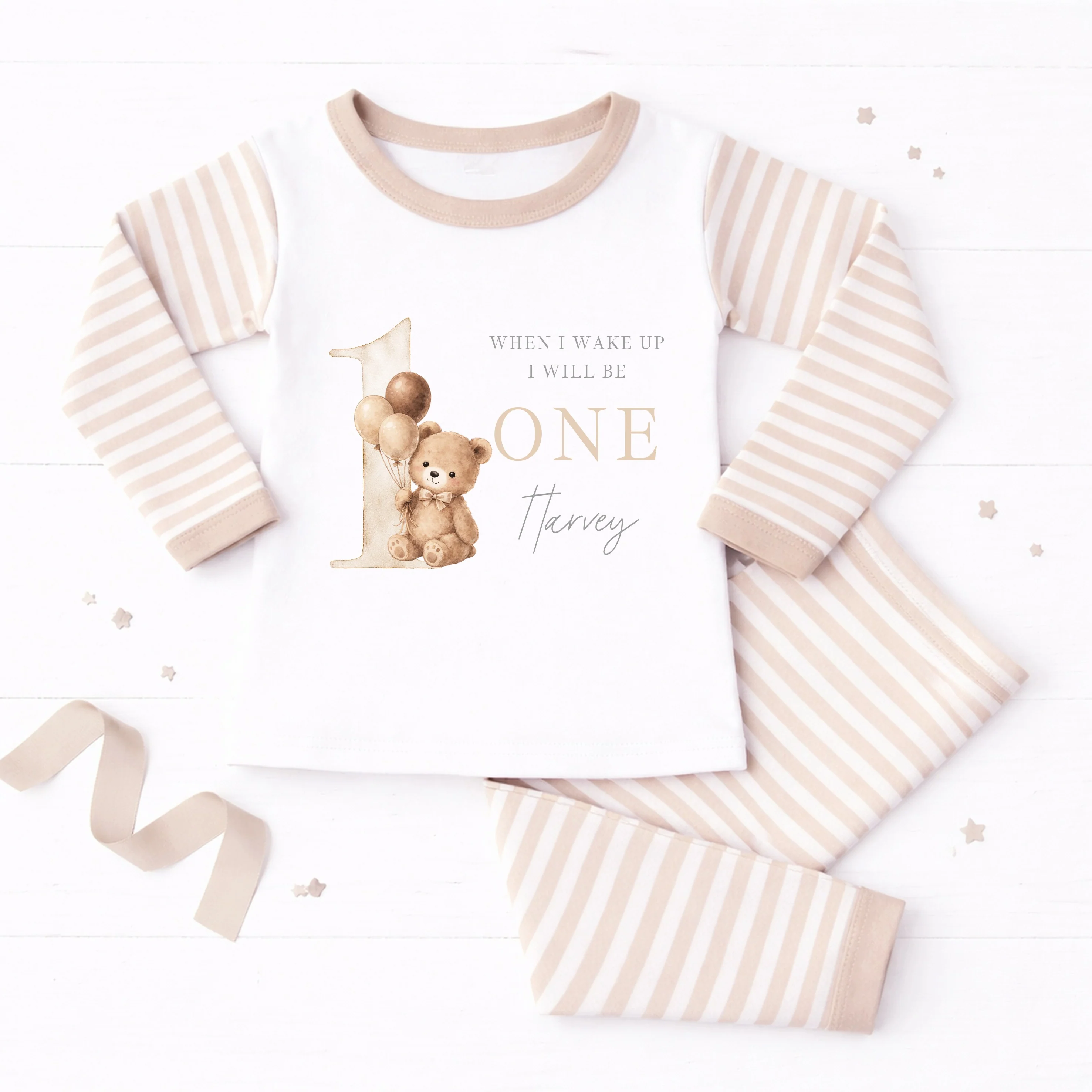 Personalised Beige Teddy When I Wake Up I Will Be One First Birthday Pyjamas - Image 3