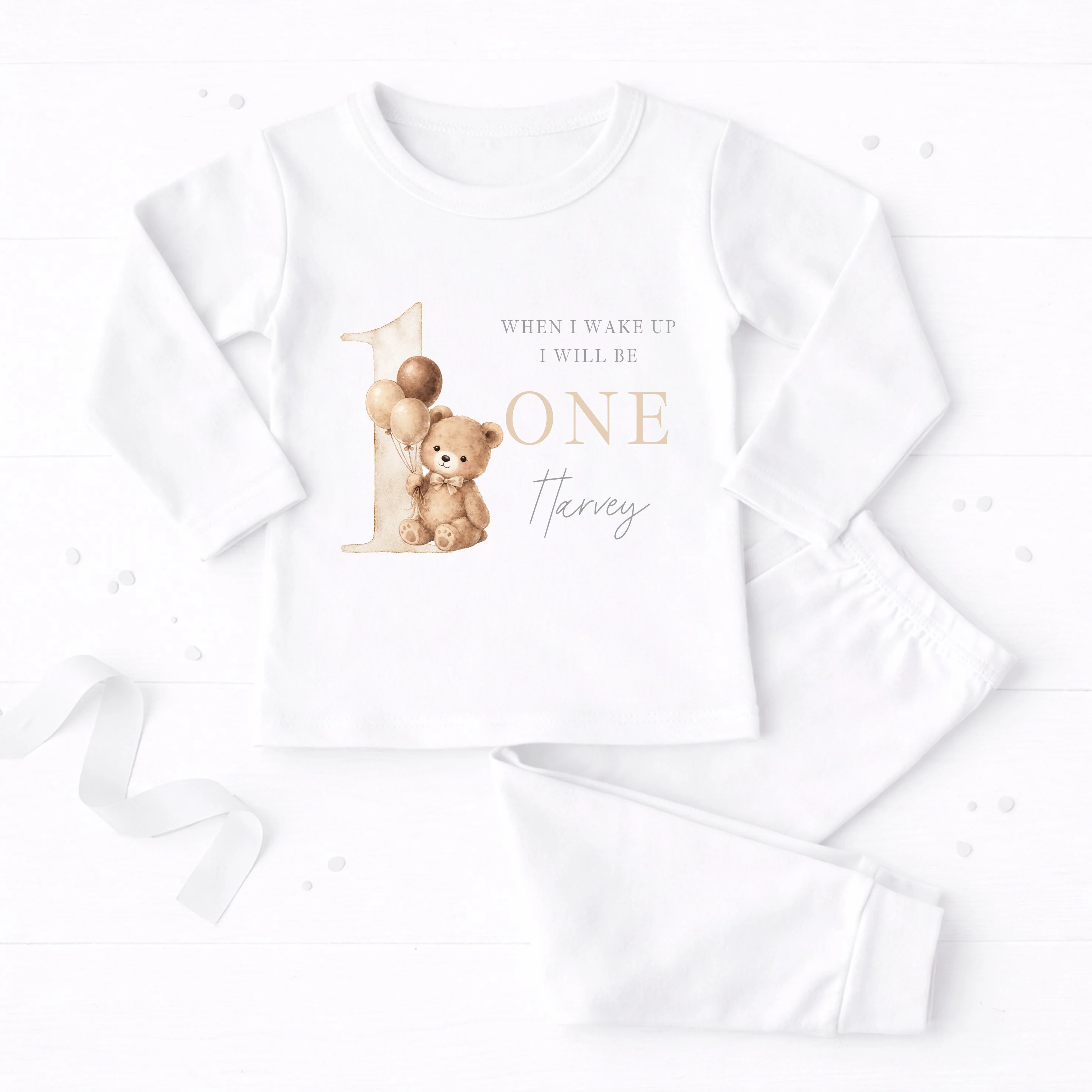 Personalised Beige Teddy When I Wake Up I Will Be One First Birthday Pyjamas - Image 4