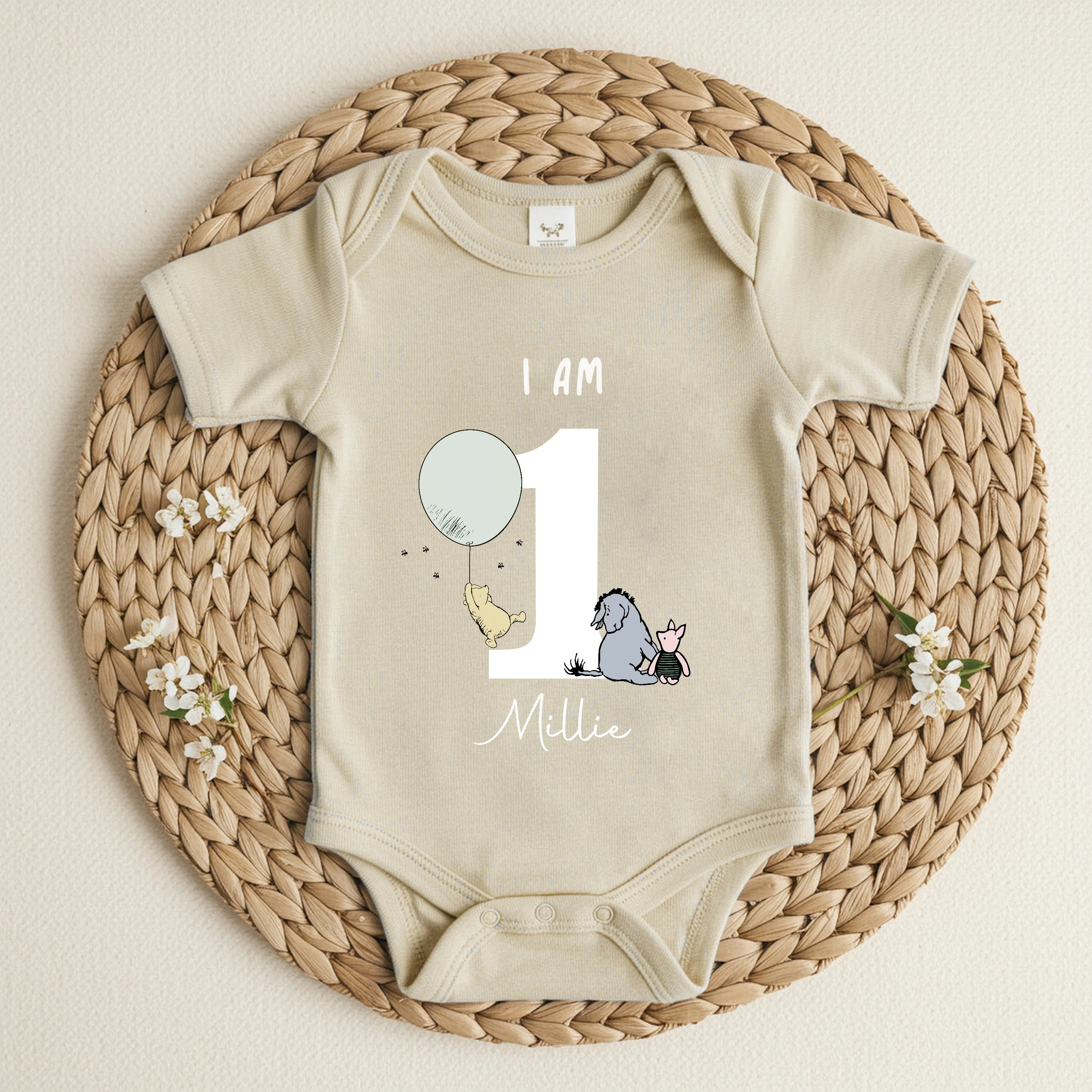 Personalised Biege Pooh Bear I am One First Birthday Romper/Vest - Image 2