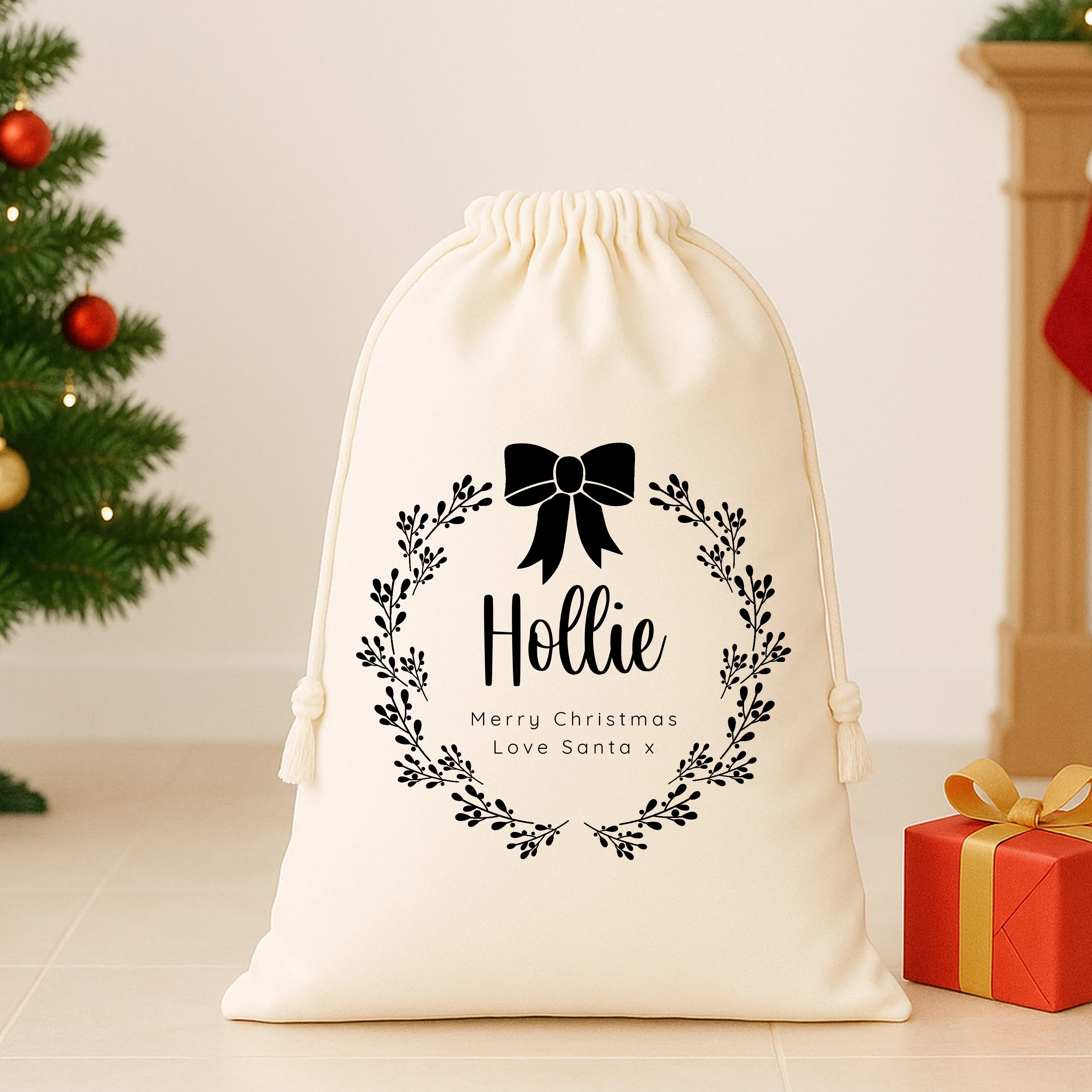 Personalised Black Bow Wreath Santa Sack or Stocking - Image 2