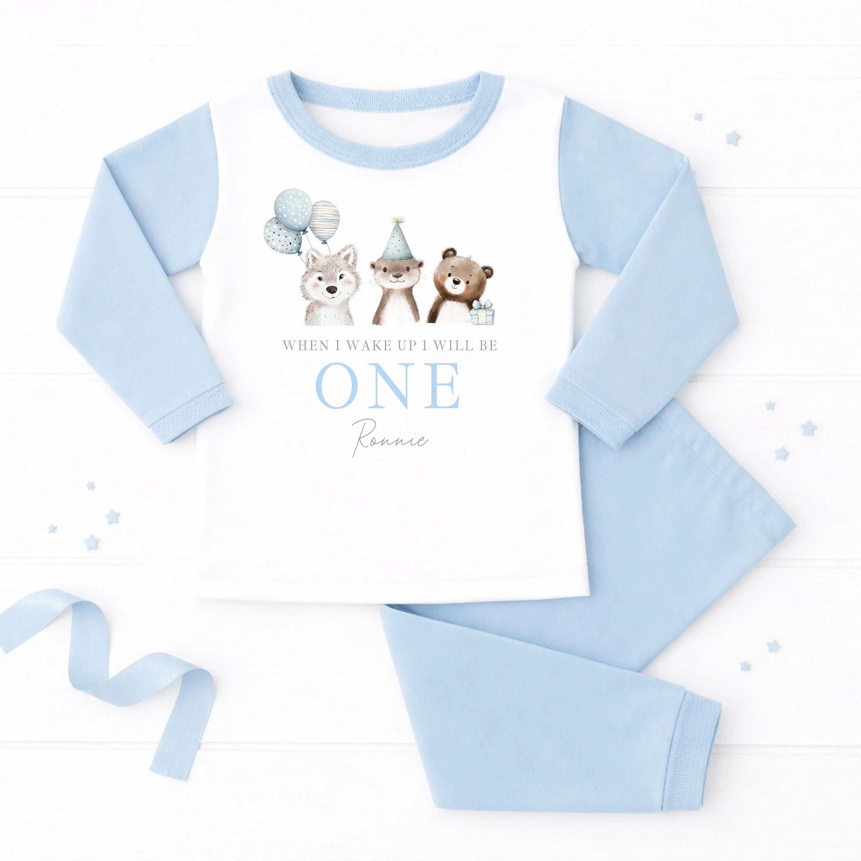 Personalised Blue Animals When I Wake Up I Will Be One First Birthday Pyjamas
