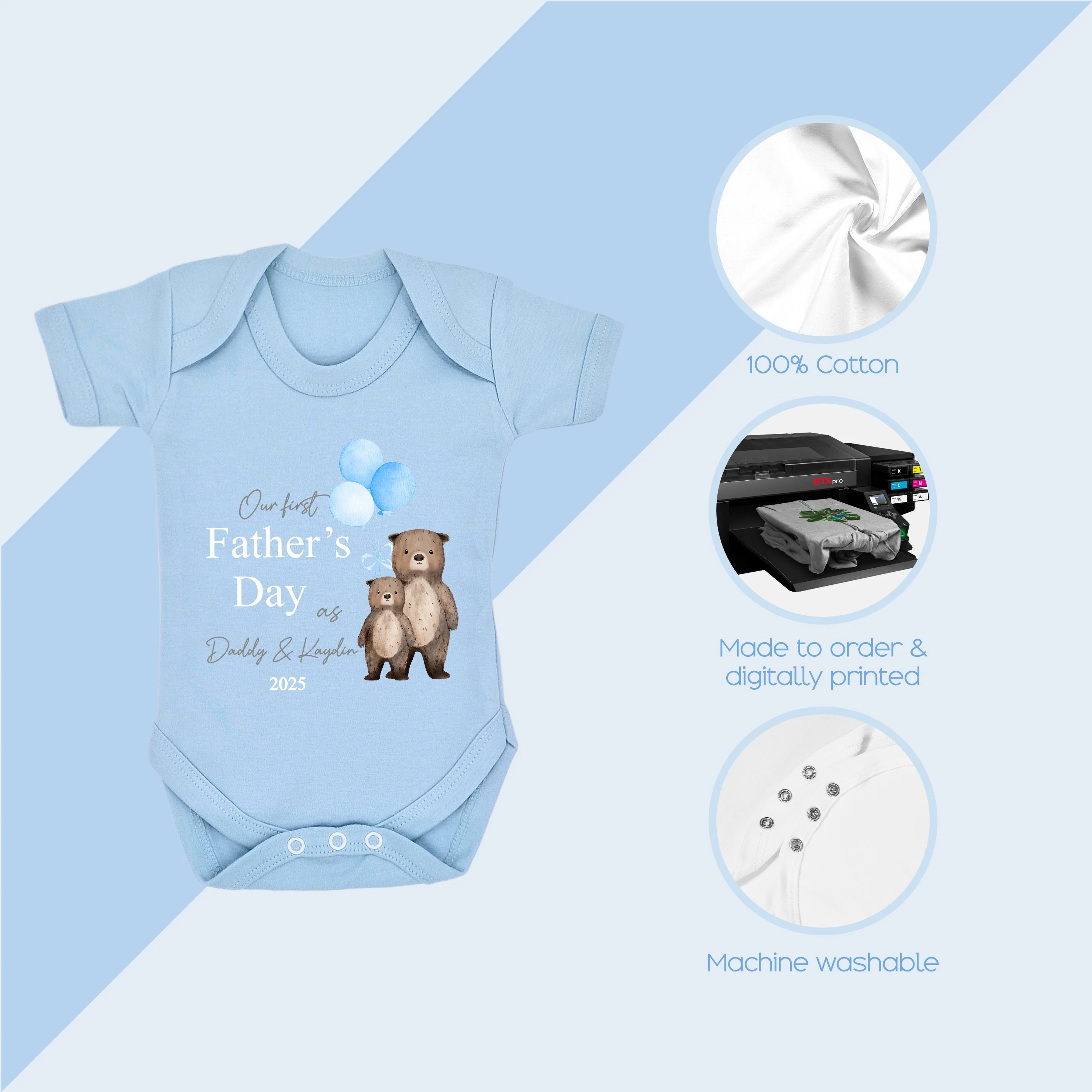 Personalised Blue Balloons Bears Father's Day Blue Babygrow/Vest - Image 4
