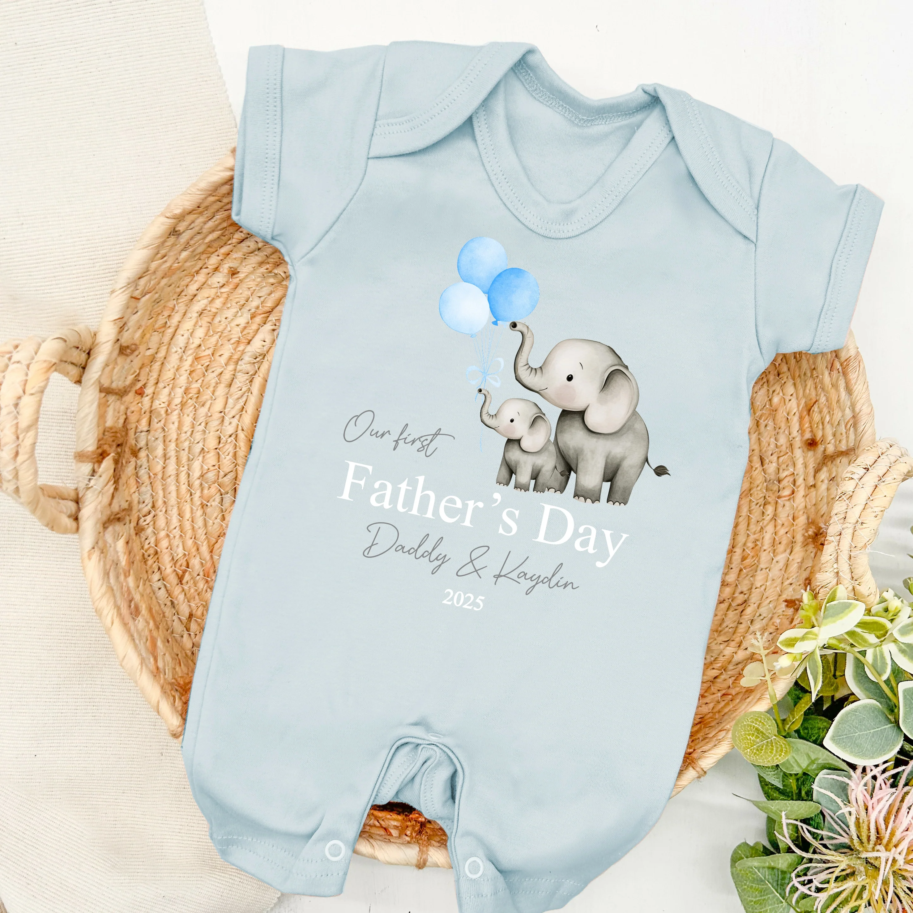Personalised Blue Balloons Elephants Father's Day Blue Baby Grow or Vest - Image 3