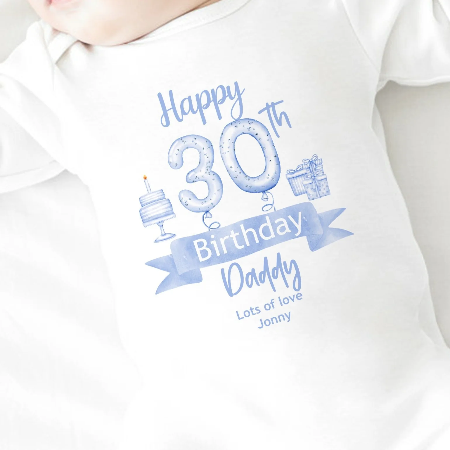 Personalised Blue Balloons Happy 30th Birthday Daddy Baby Grow or Vest - Image 2