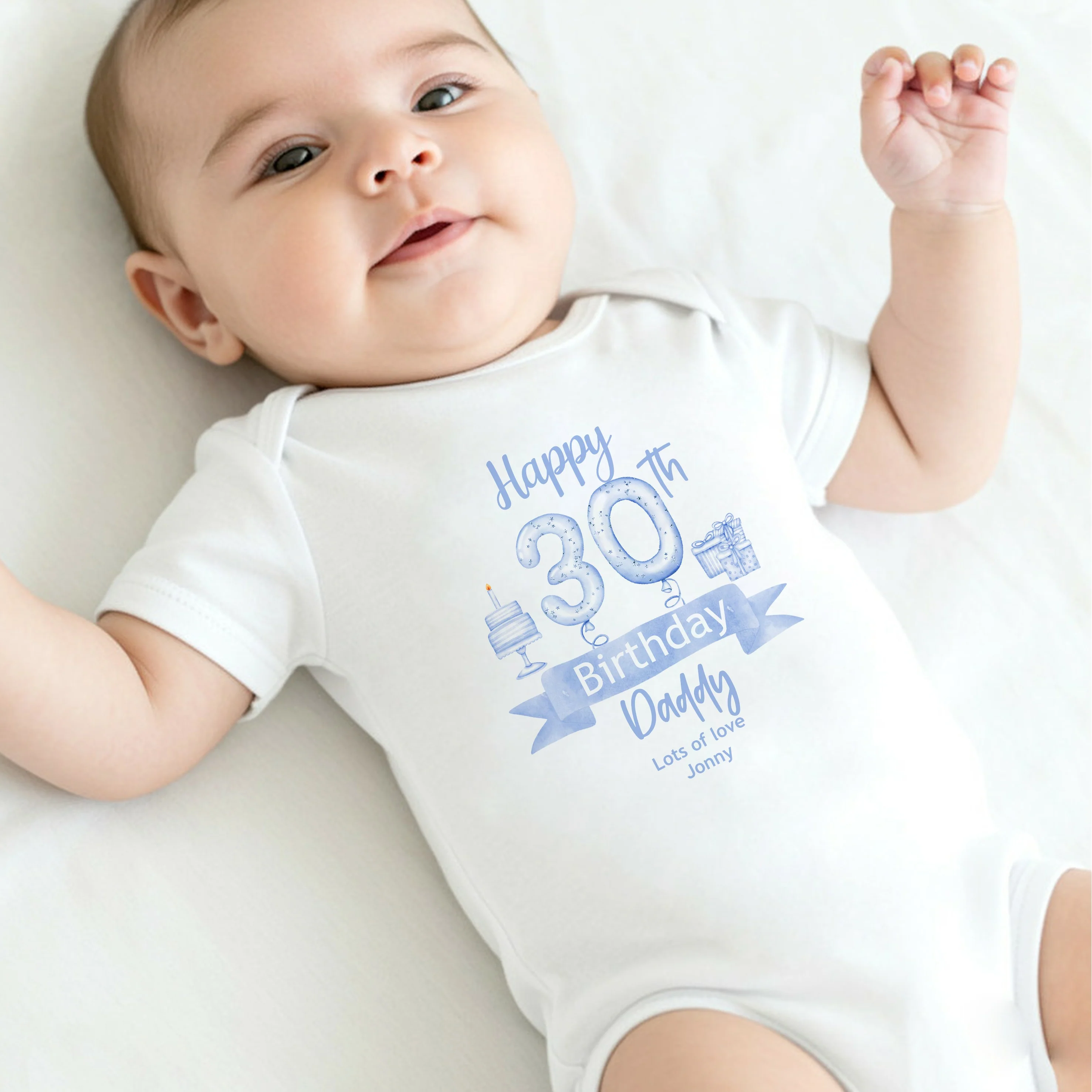 Personalised Blue Balloons Happy 30th Birthday Daddy Baby Grow or Vest - Image 3