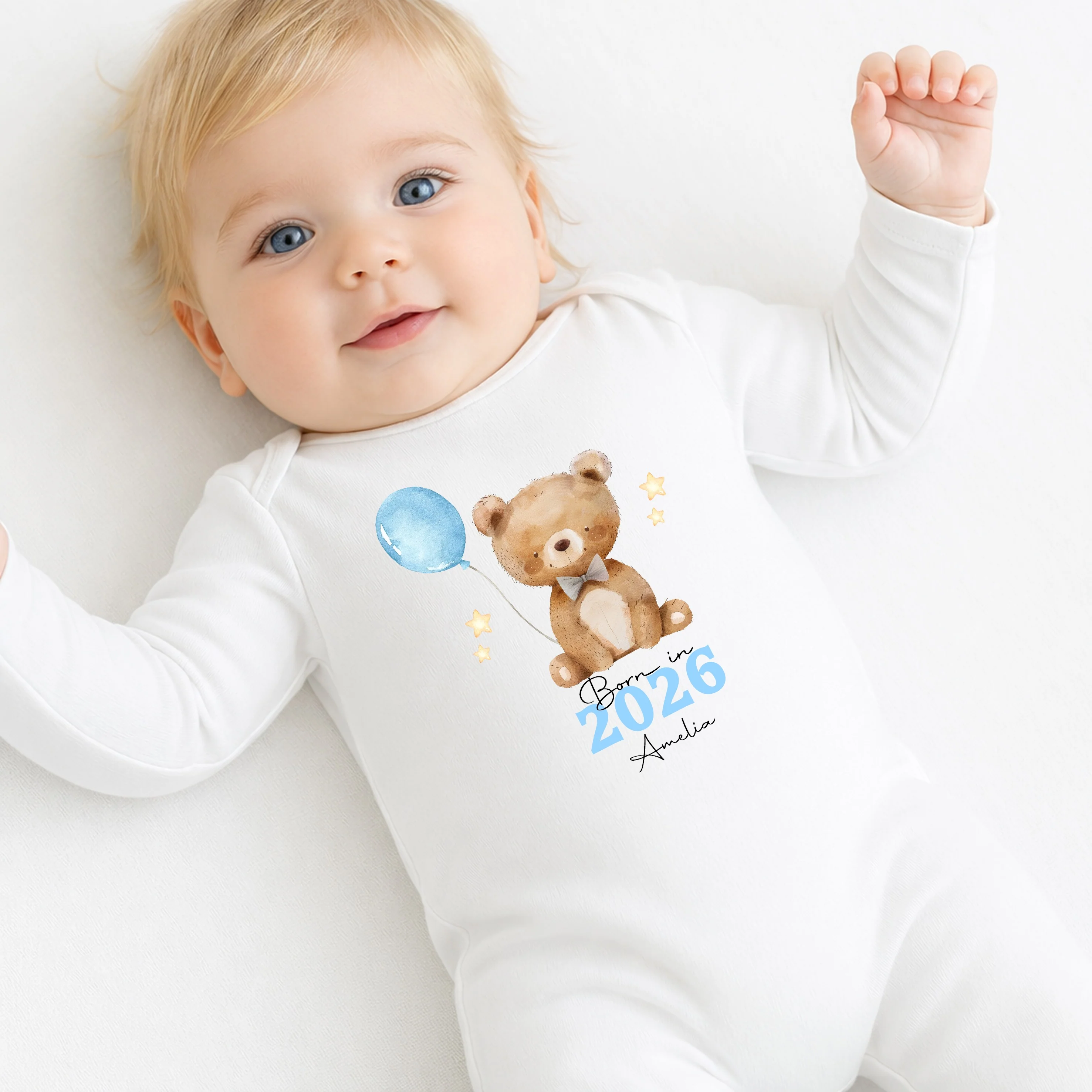 Personalised Blue Bear Born in 2026 Baby Grow, Vest or Bib - Image 2
