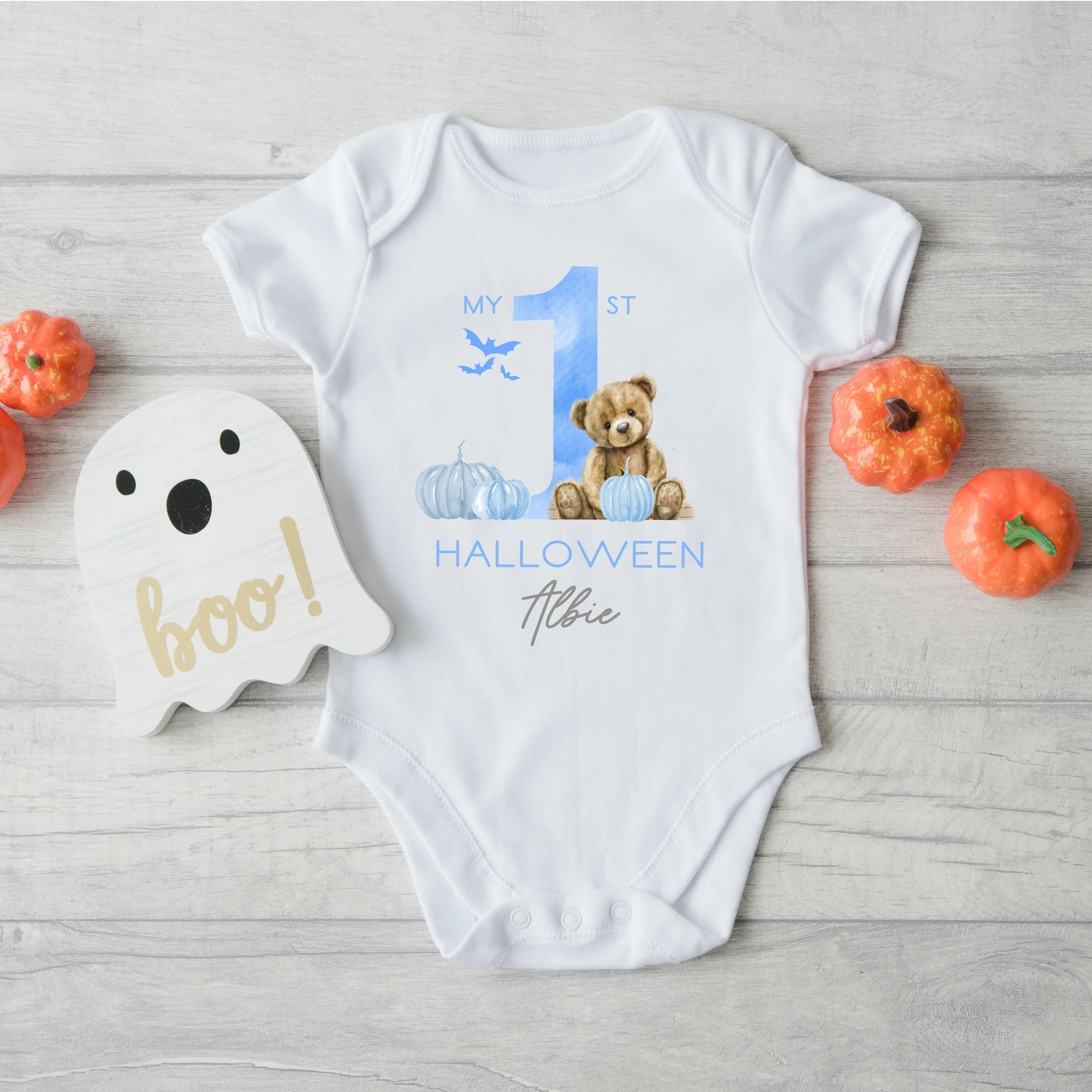 Personalised Blue Bear First Halloween Babygrow/Vest/Bib - Image 2