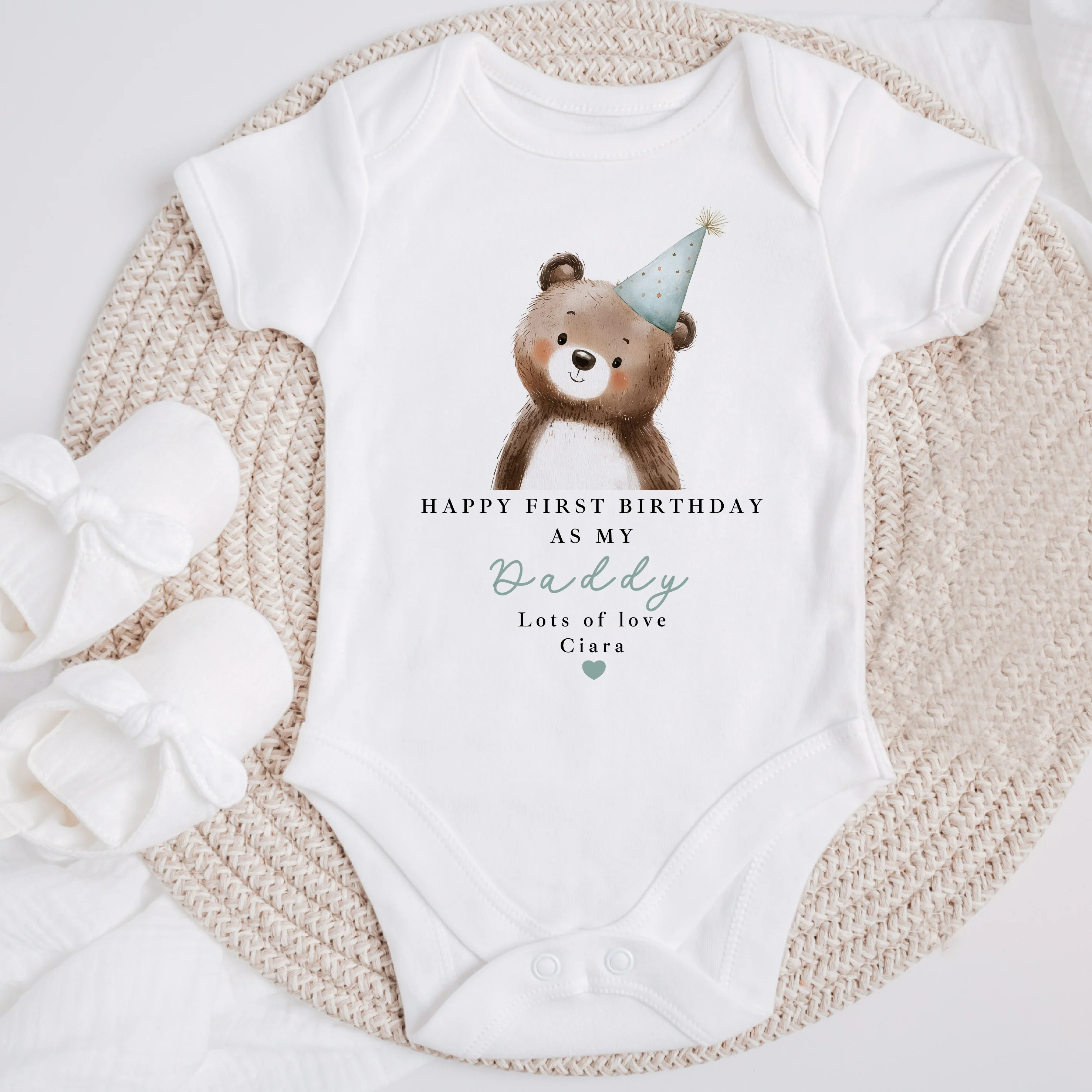 Personalised Blue Bear Happy First Birthday As My Daddy Baby Grow or Vest - Image 3