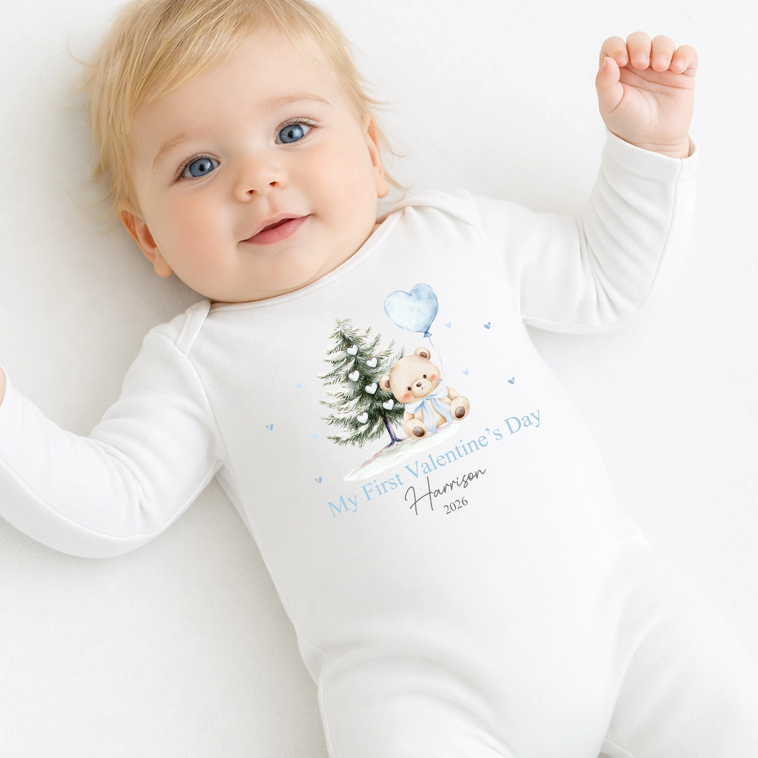 Personalised Blue Bear My First Valentines Day Baby Grow, Vest or Bib - Image 4