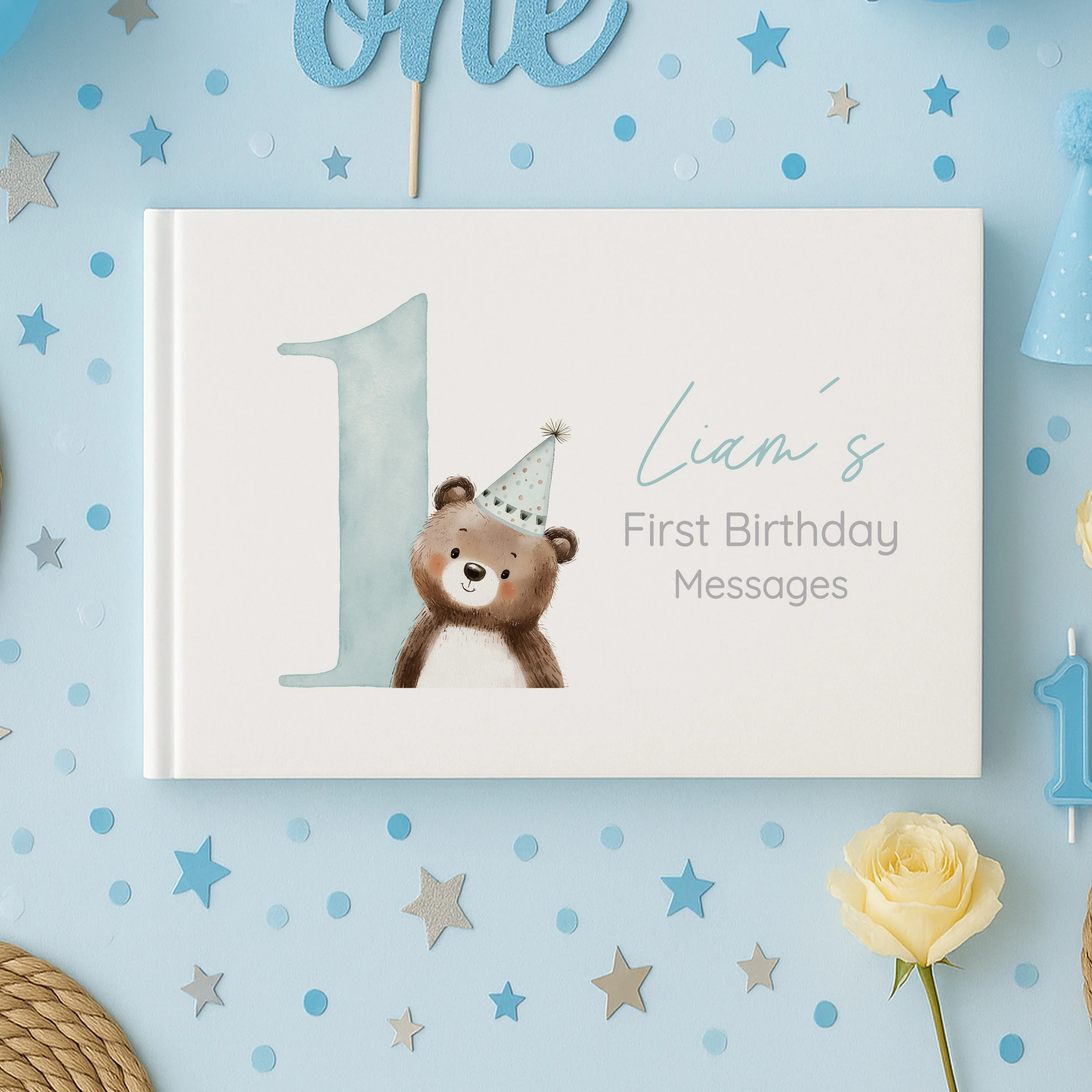 Personalised Blue Bear Party Hat First Birthday Guest Book - Image 4