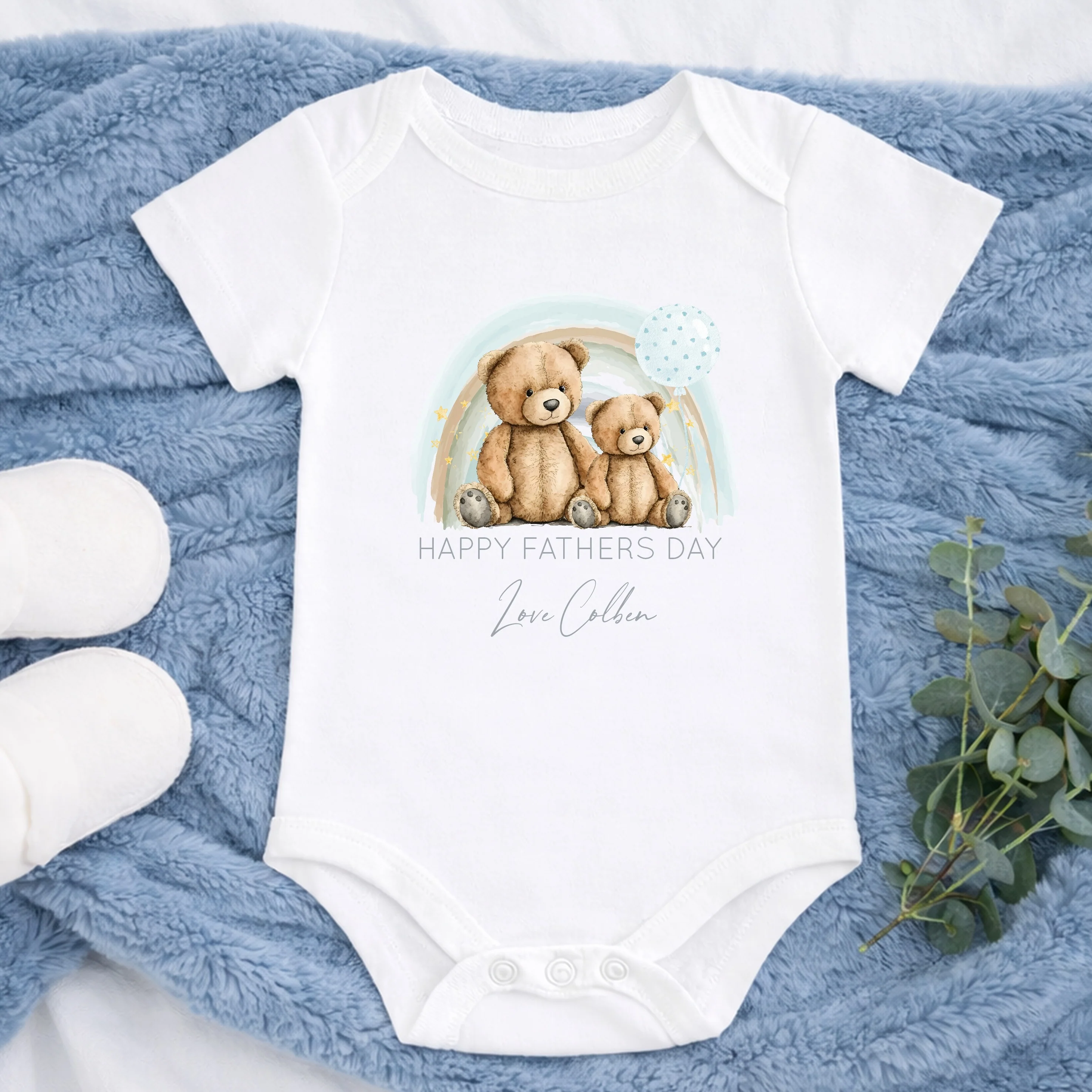 Personalised Blue Bear Rainbow Happy Father's Day Baby Grow or Vest