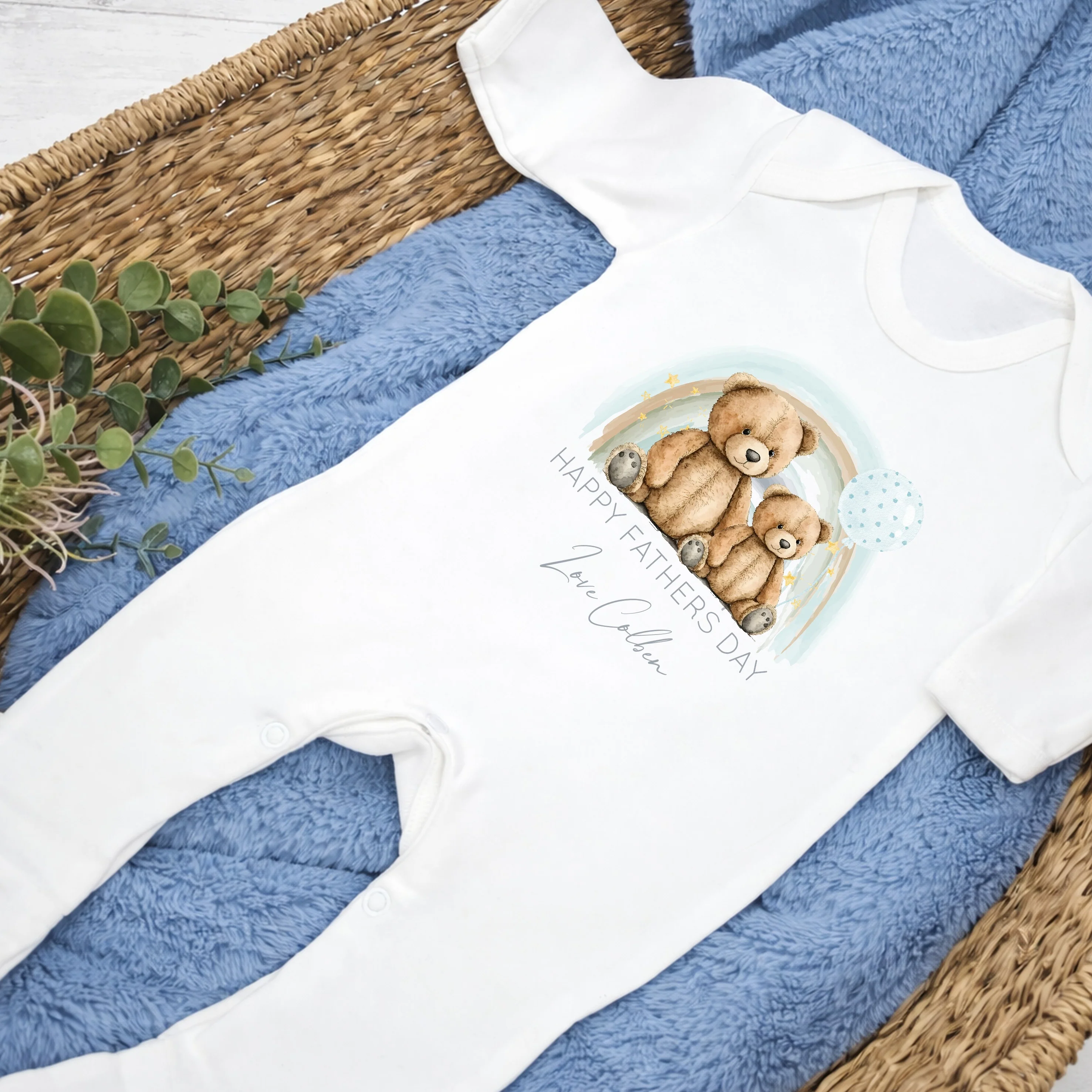 Personalised Blue Bear Rainbow Happy Father's Day Baby Grow or Vest - Image 2