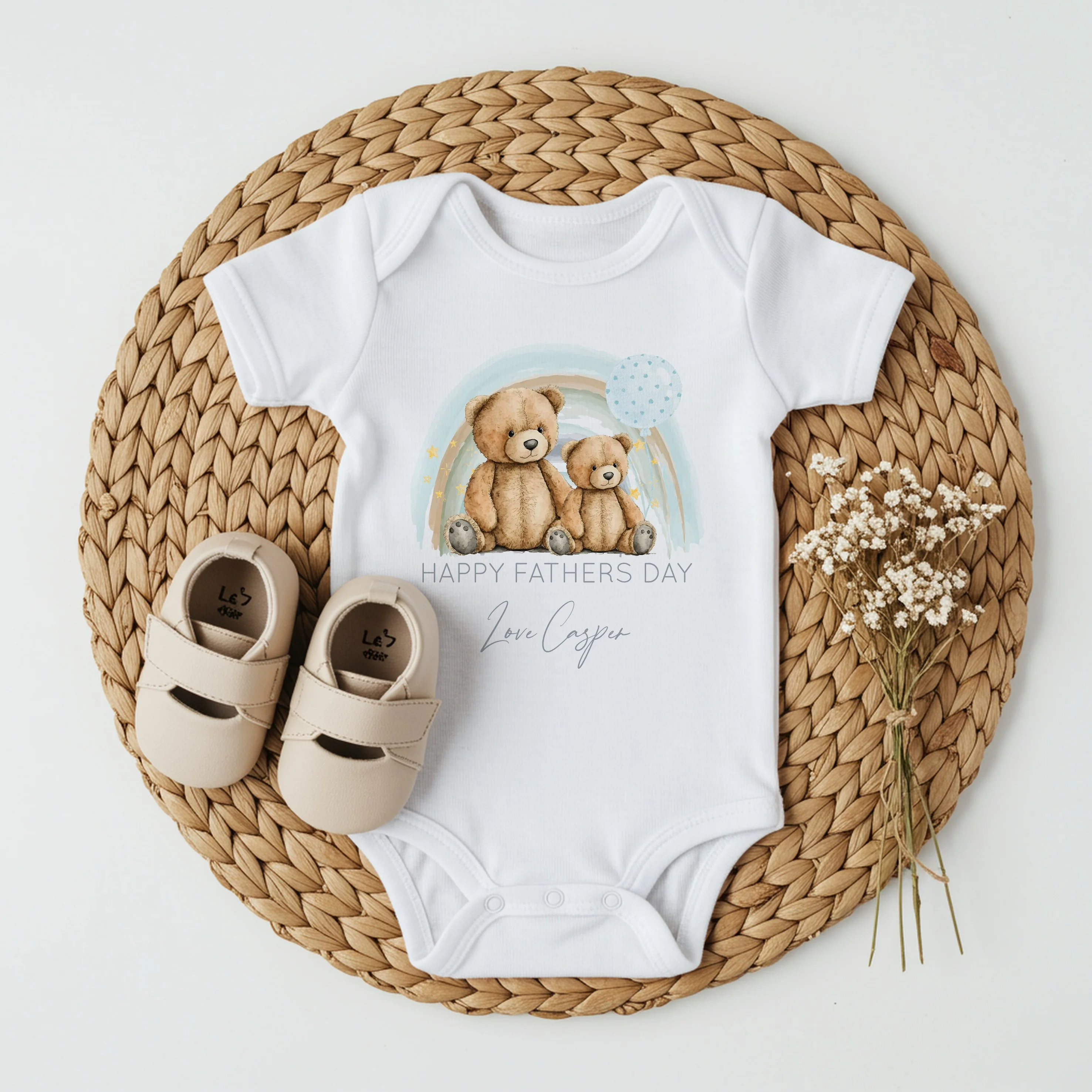 Personalised Blue Bear Rainbow Happy Father's Day Baby Grow or Vest - Image 3