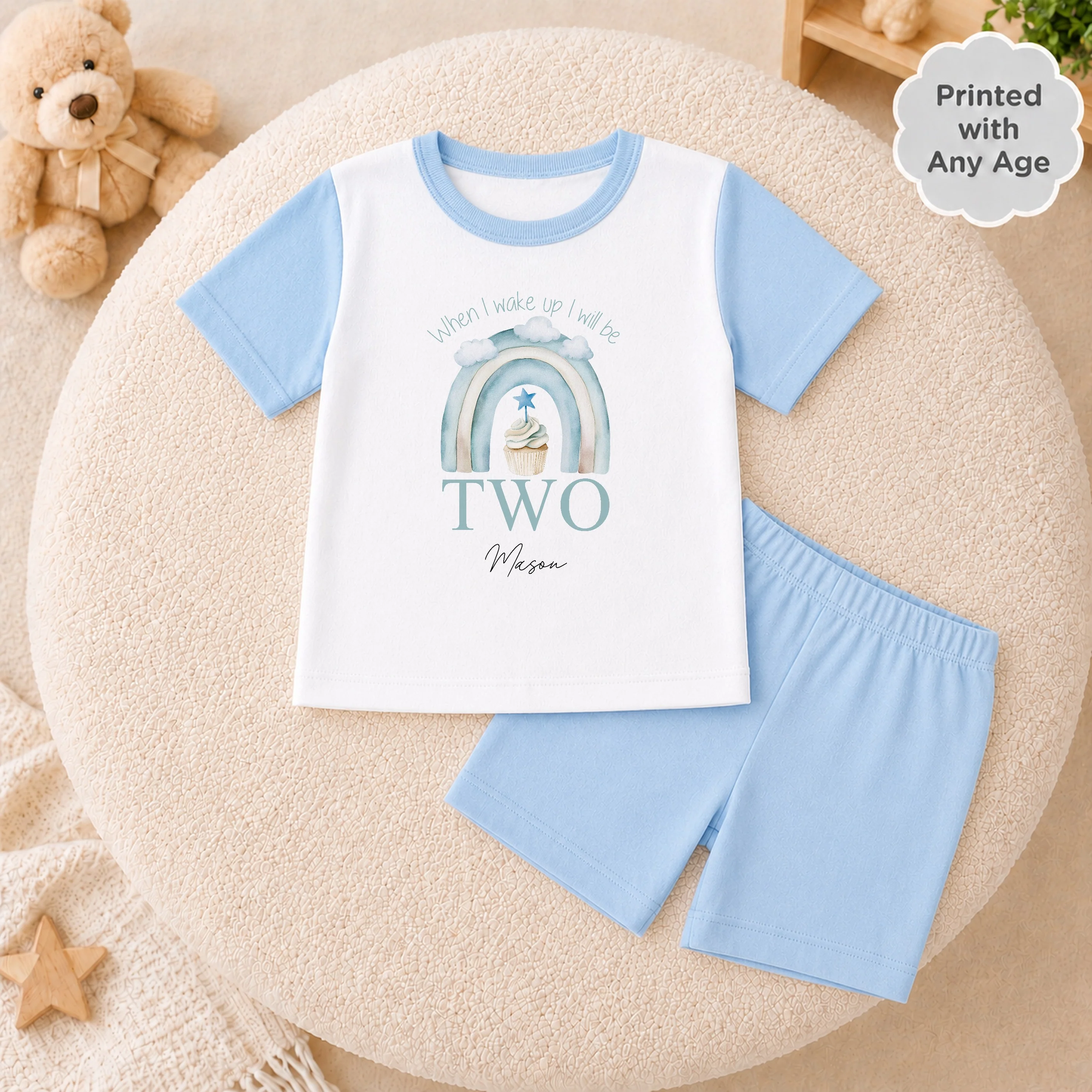 Personalised Blue Birthday Cake Short Sleeve Birthday Pyjamas