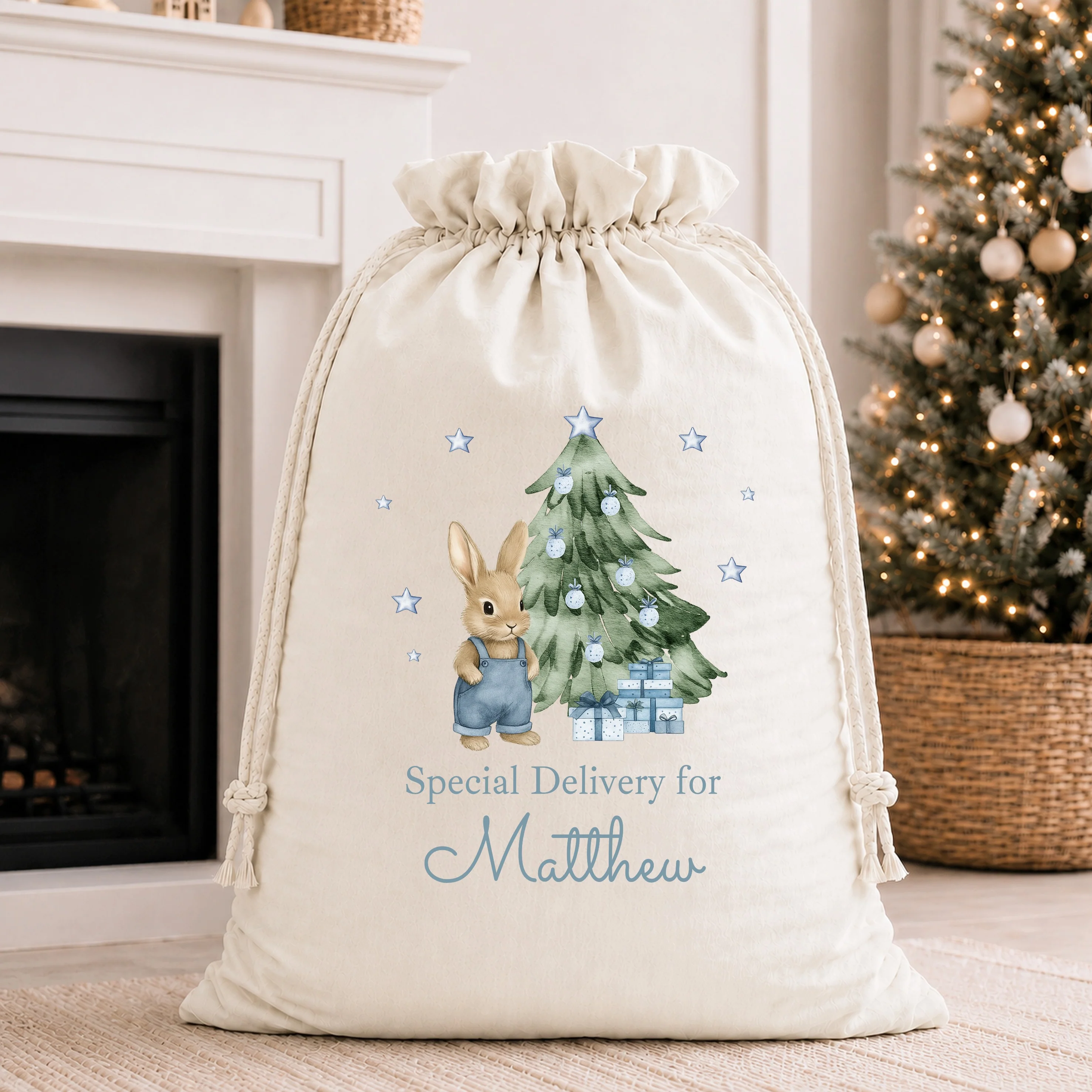 Personalised Blue Bunny My First Christmas Santa Sack or Stocking - Image 2