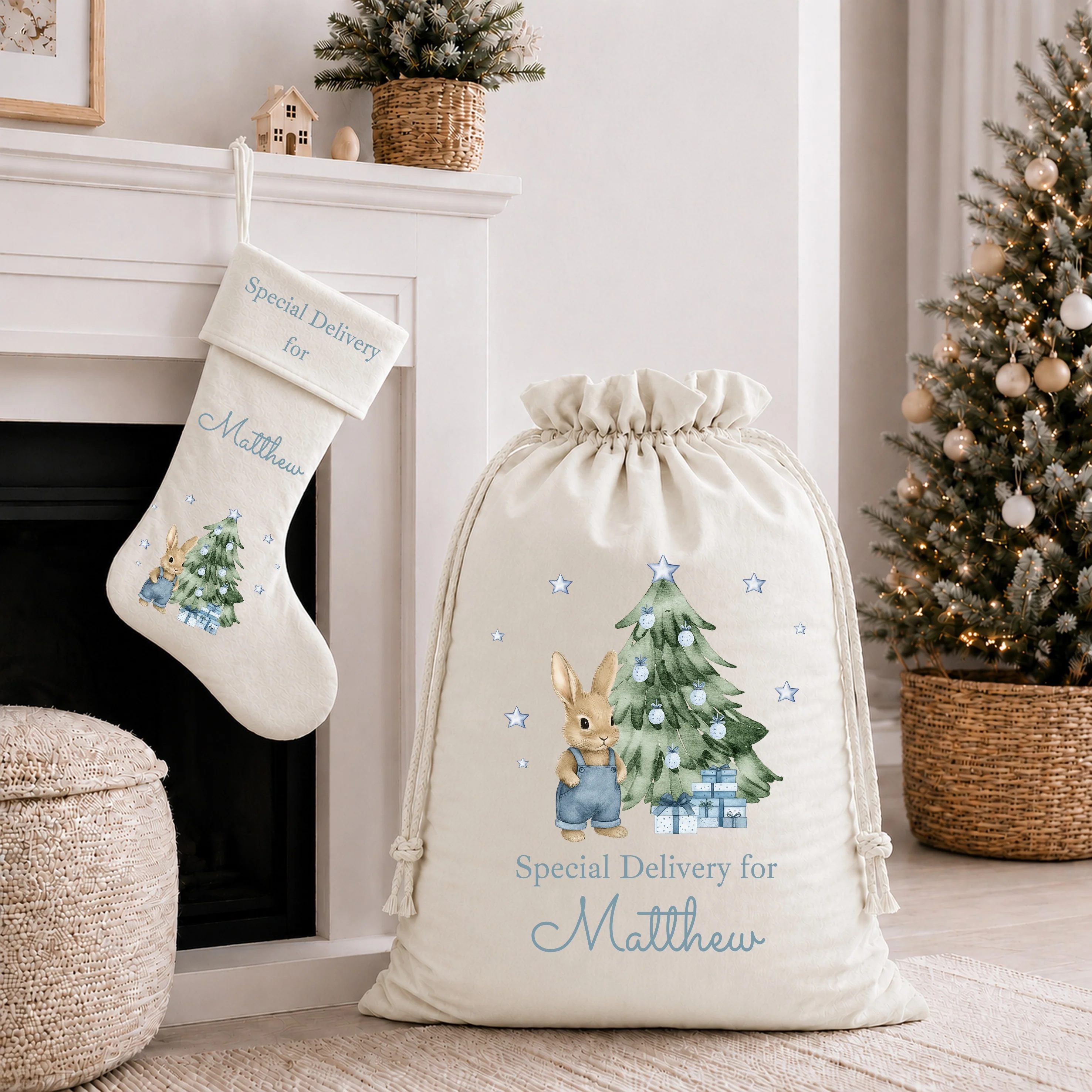 Personalised Blue Bunny My First Christmas Santa Sack or Stocking - Image 3