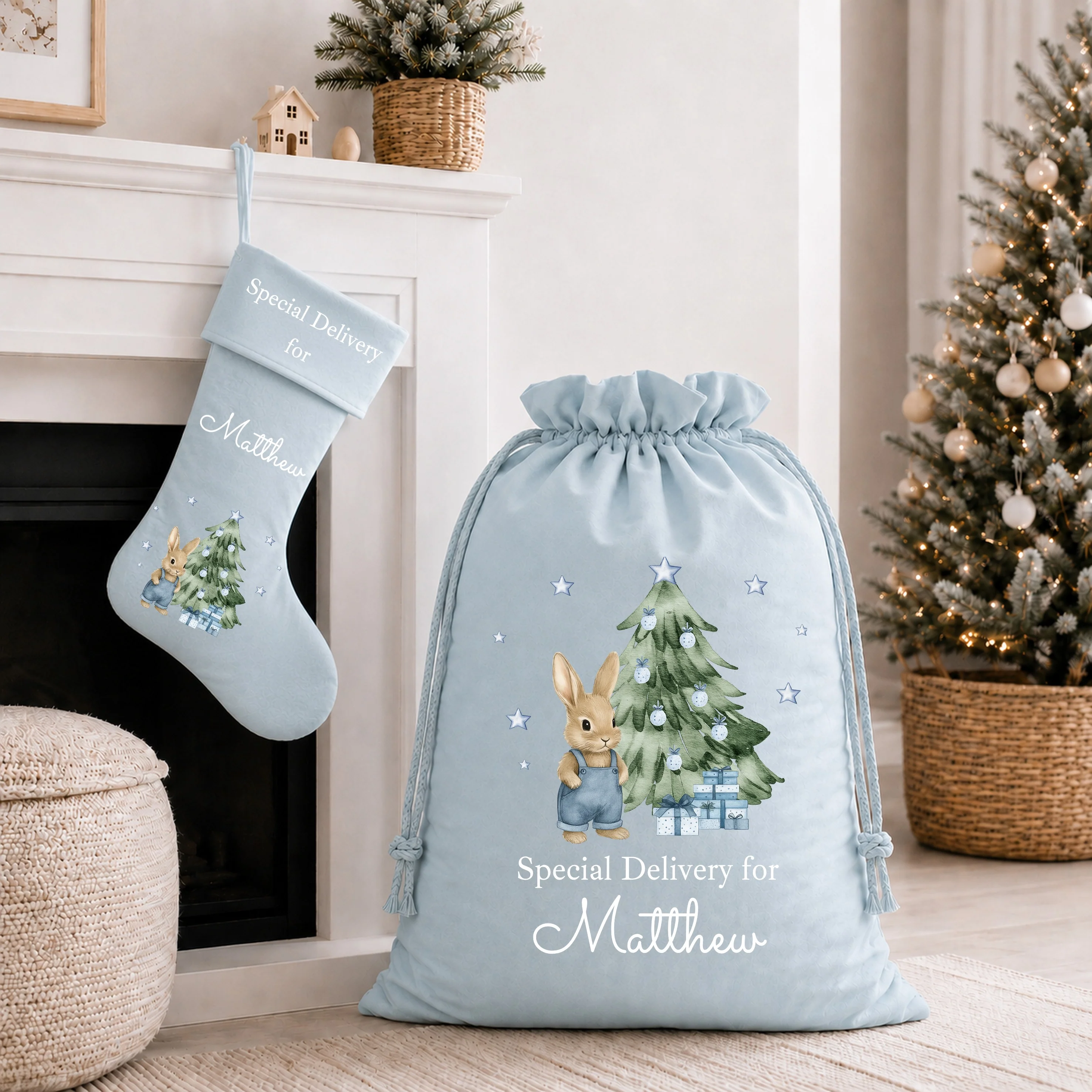 Personalised Blue Bunny My First Christmas Santa Sack or Stocking - Image 4
