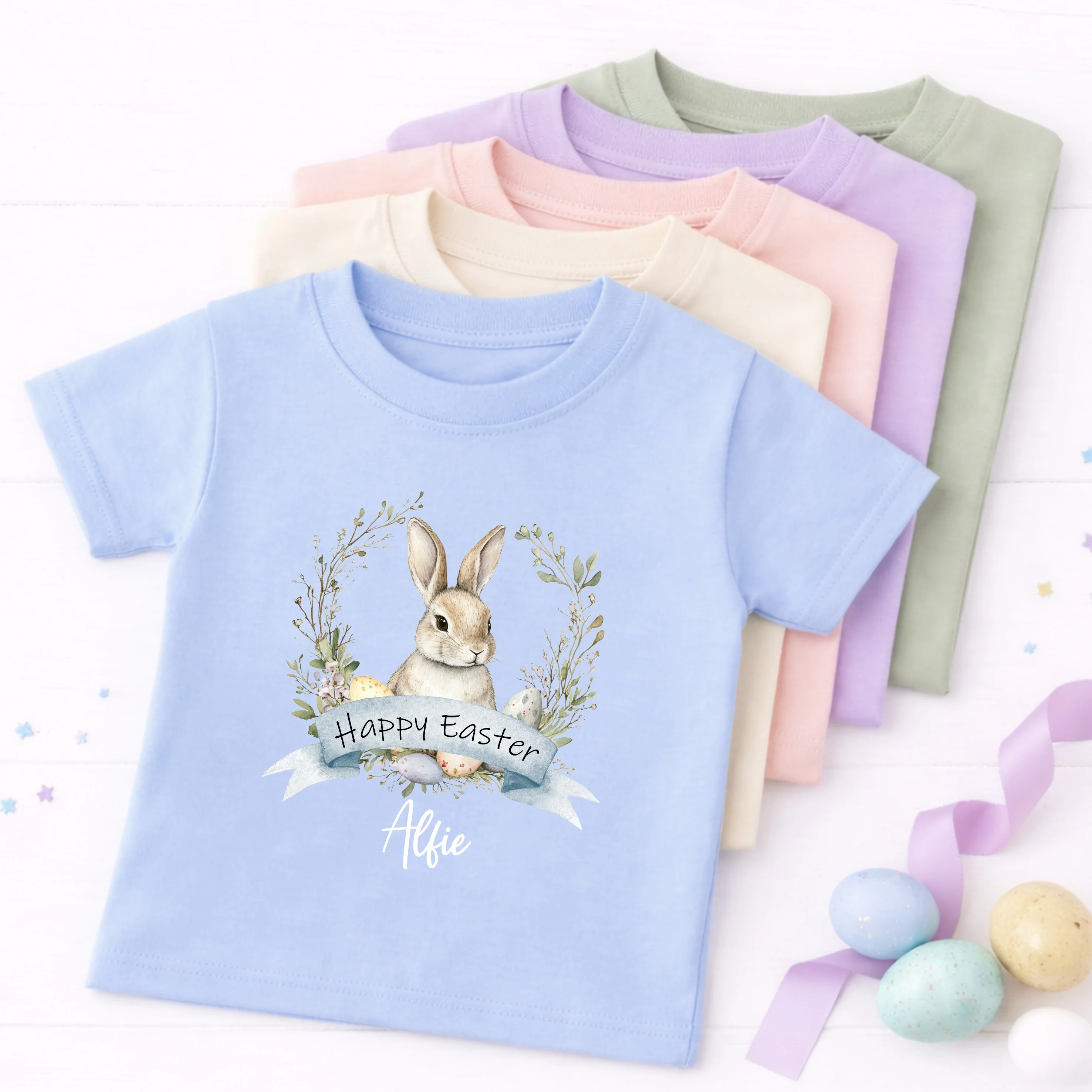 Personalised Blue Bunny Wreath Easter T-shirt