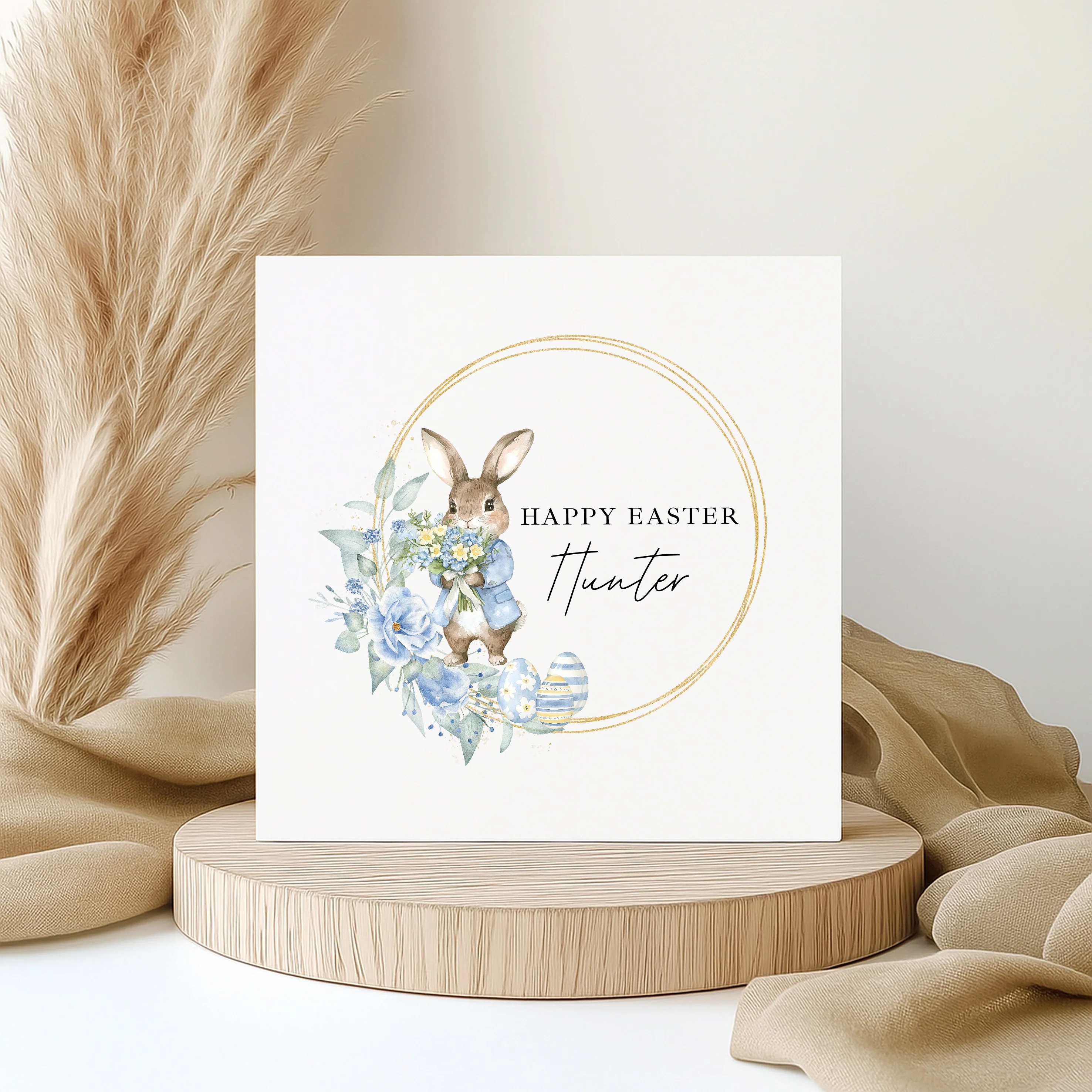 Personalised Blue Bunny Wreath Happy Easter Card - Image 4