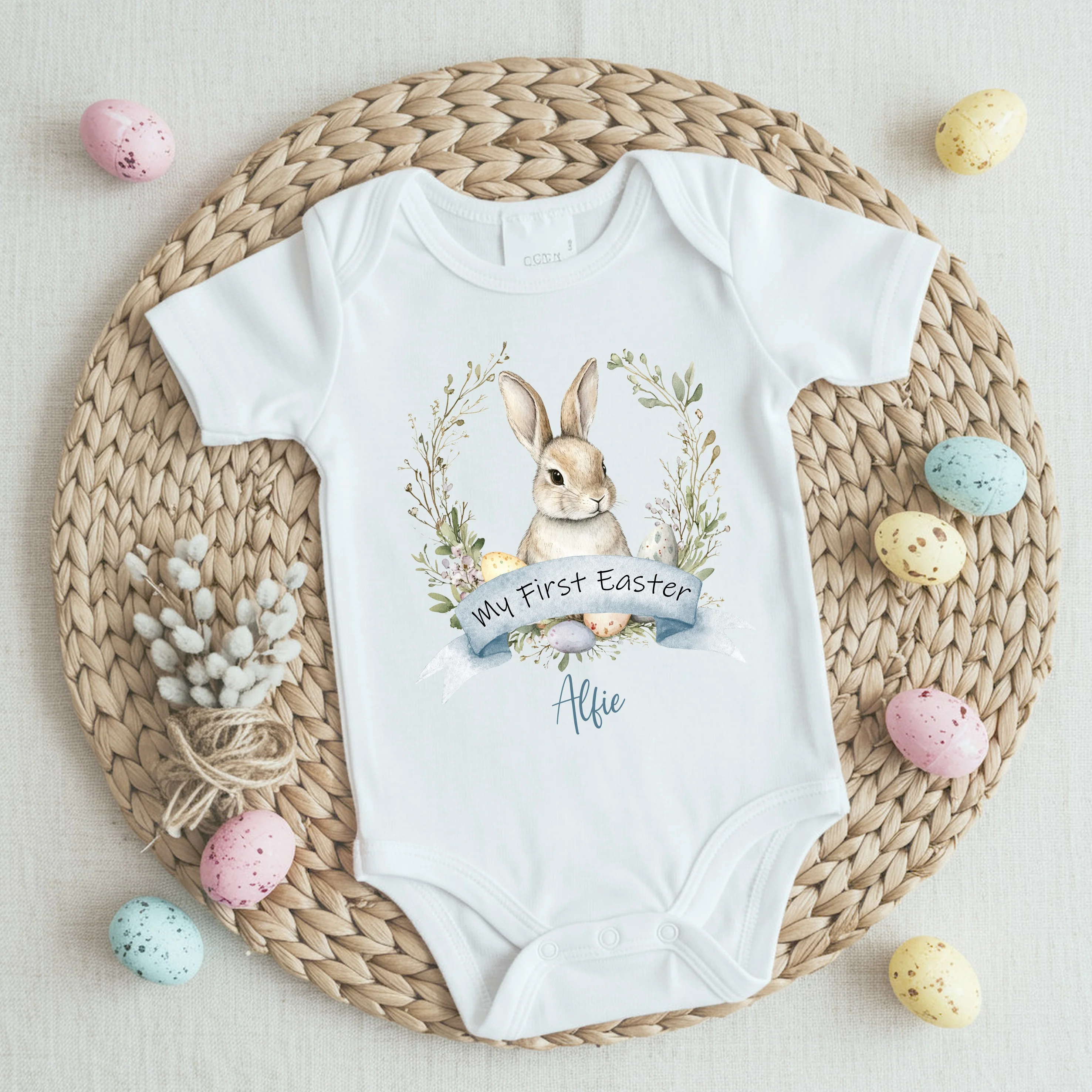 Personalised Blue Bunny Wreath My First Easter Baby Grow, Vest or Bib - Image 2