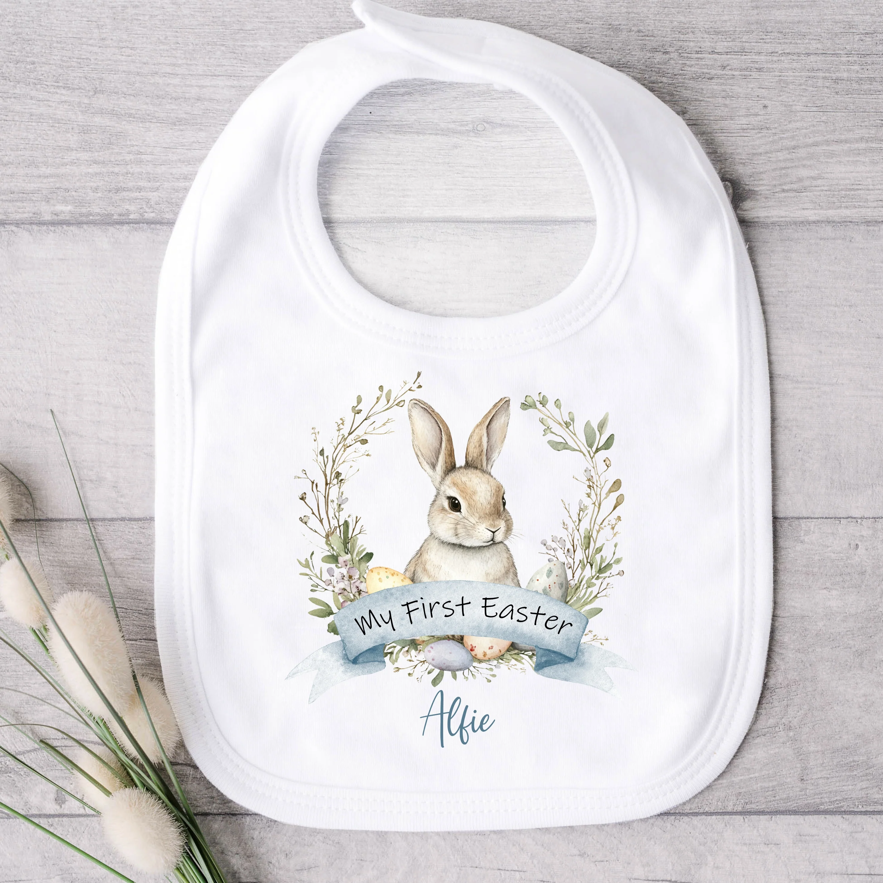 Personalised Blue Bunny Wreath My First Easter Baby Grow, Vest or Bib - Image 4