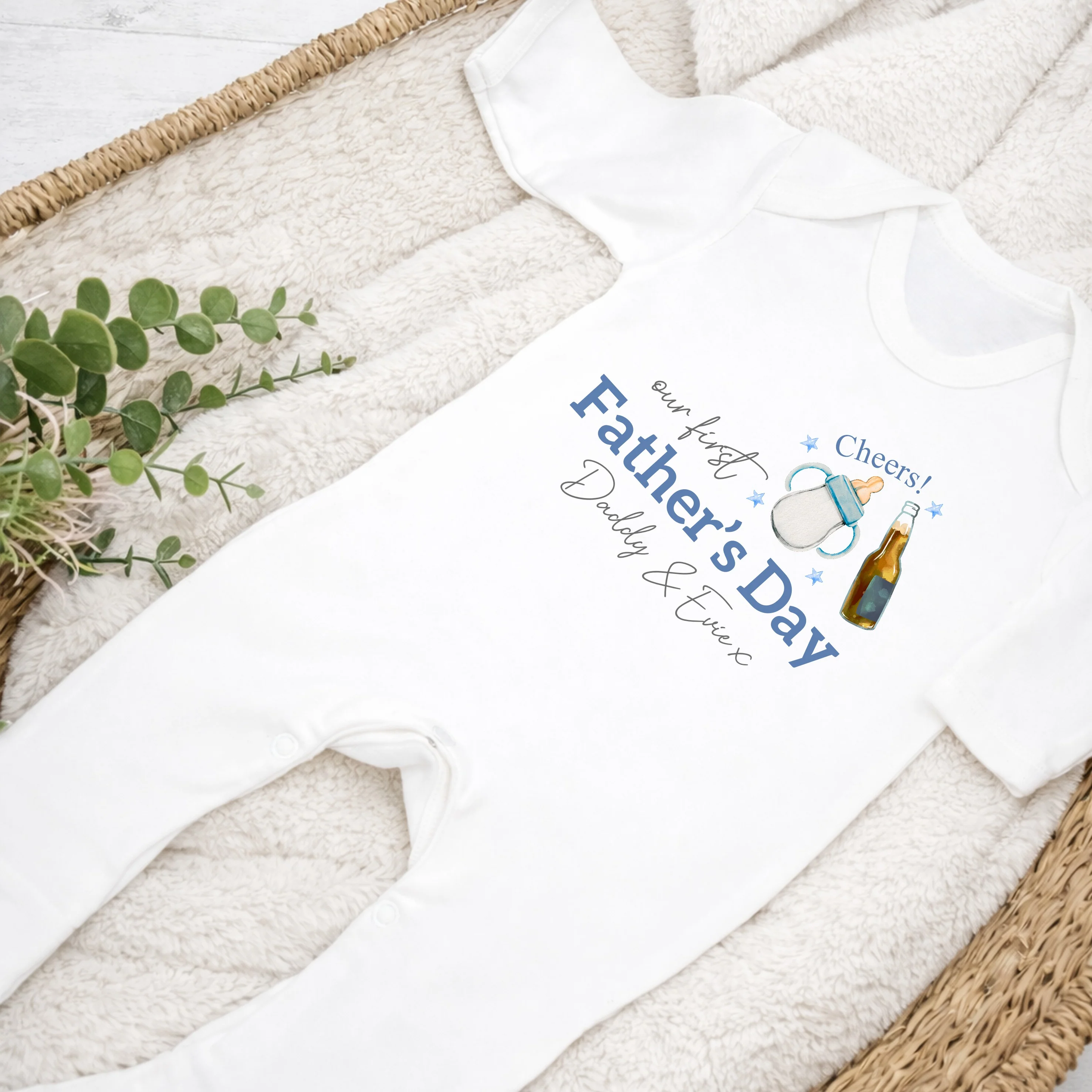 Personalised Blue Cheers Milk Father's Day Baby Grow or Vest