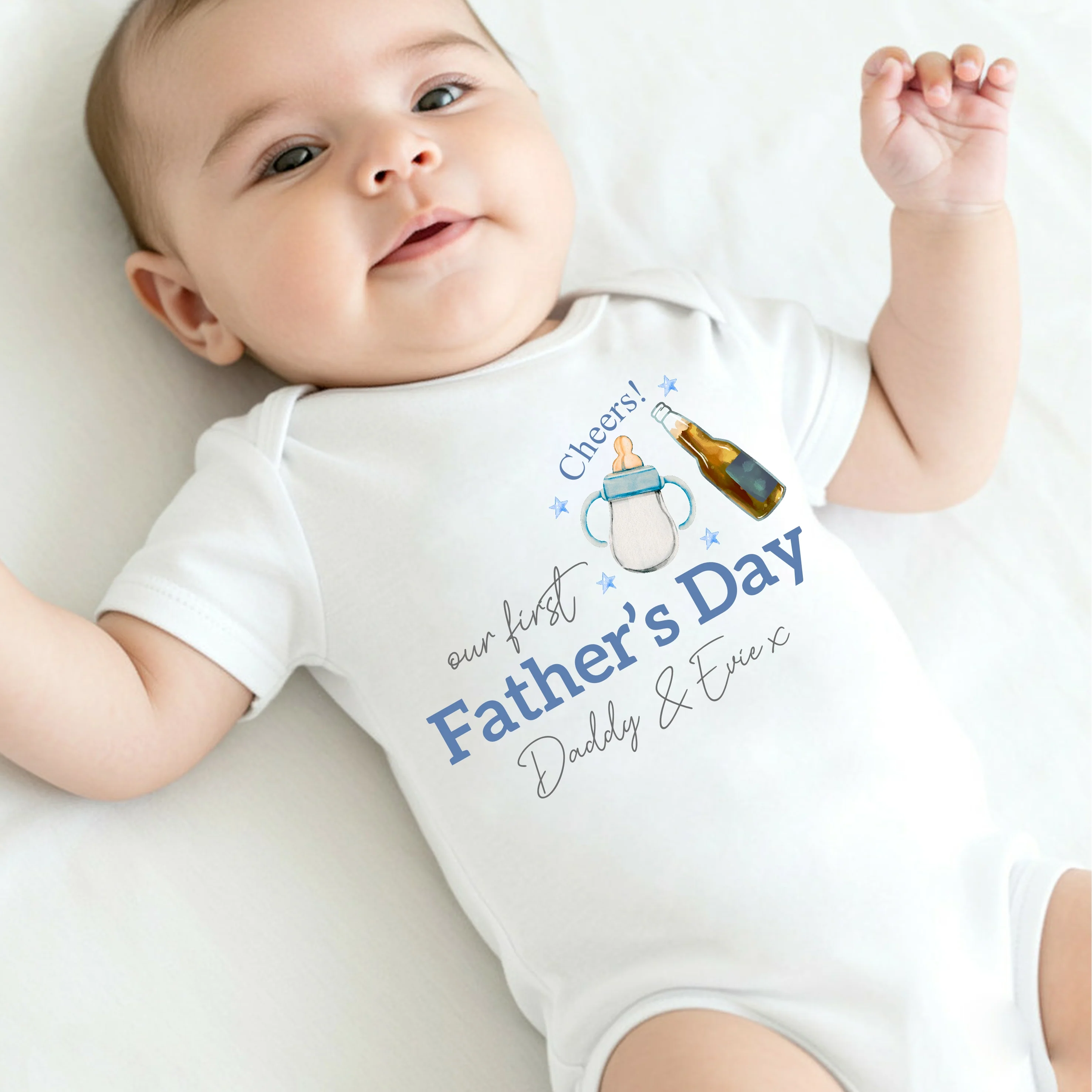 Personalised Blue Cheers Milk Father's Day Baby Grow or Vest - Image 3