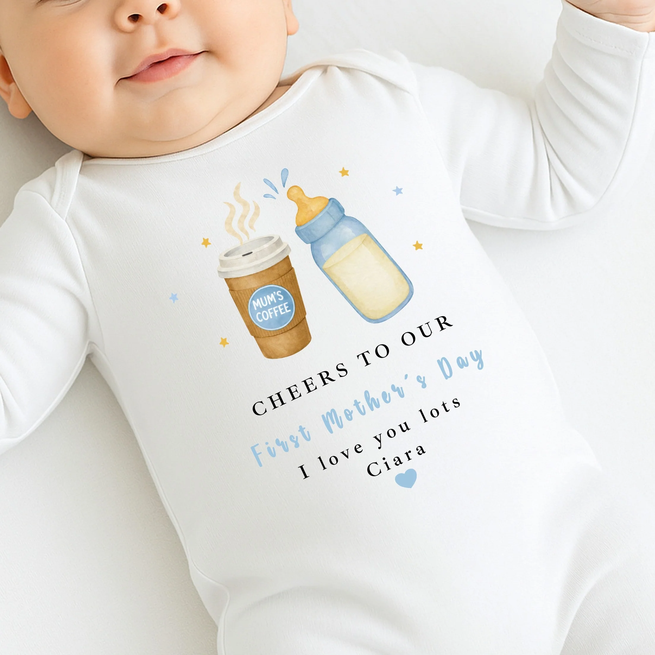 Personalised Blue Cheers Our First Mother's Day Baby Grow, Vest or Bib