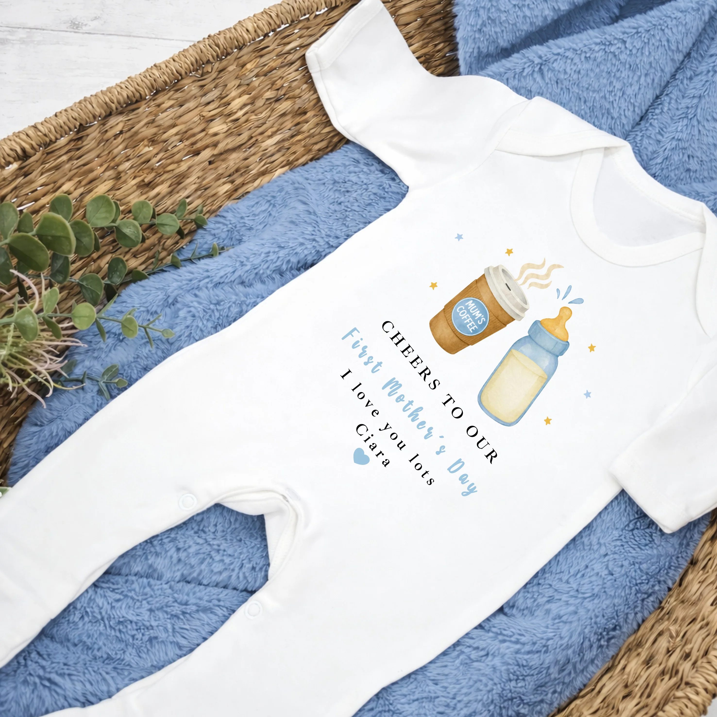 Personalised Blue Cheers Our First Mother's Day Baby Grow, Vest or Bib - Image 3