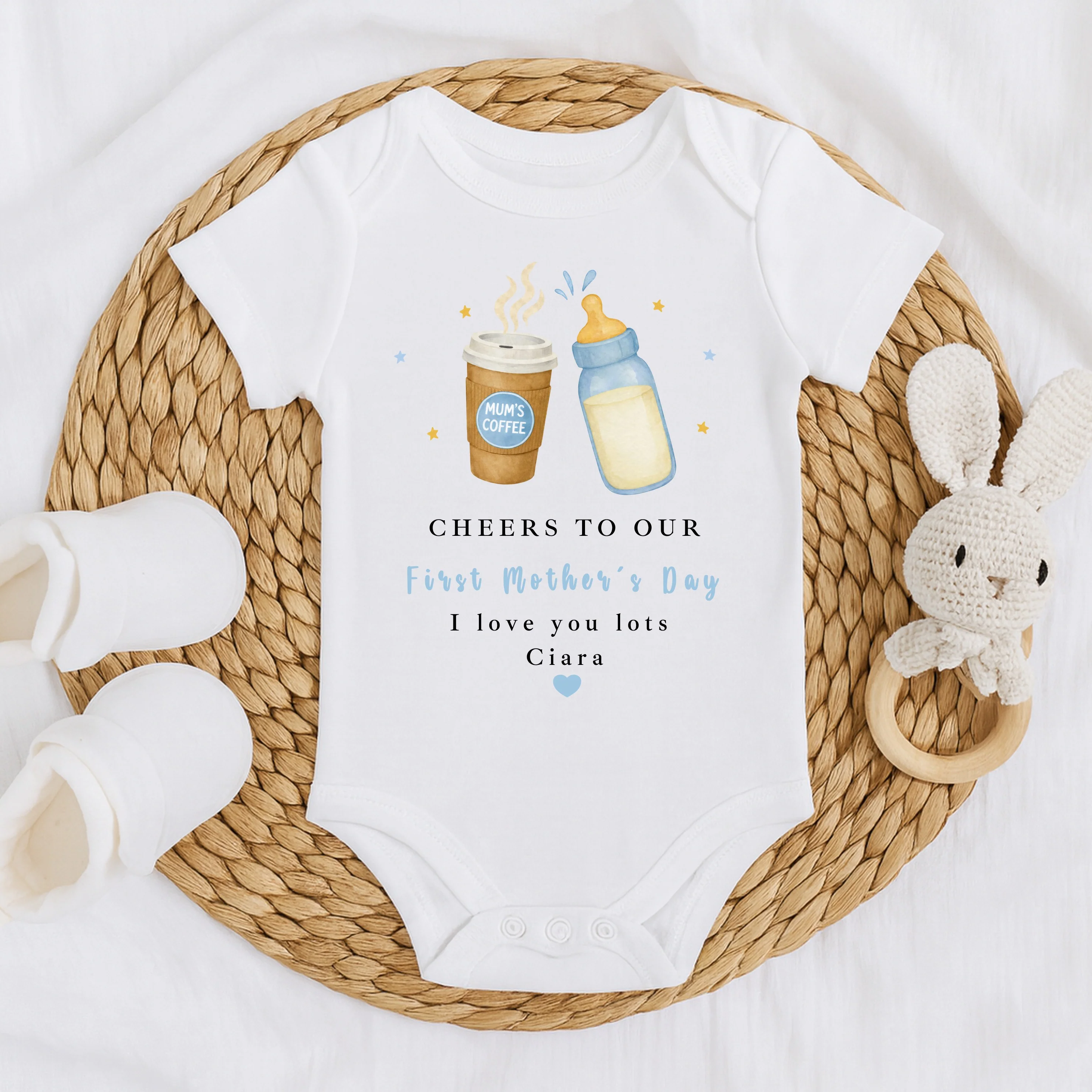 Personalised Blue Cheers Our First Mother's Day Baby Grow, Vest or Bib - Image 4