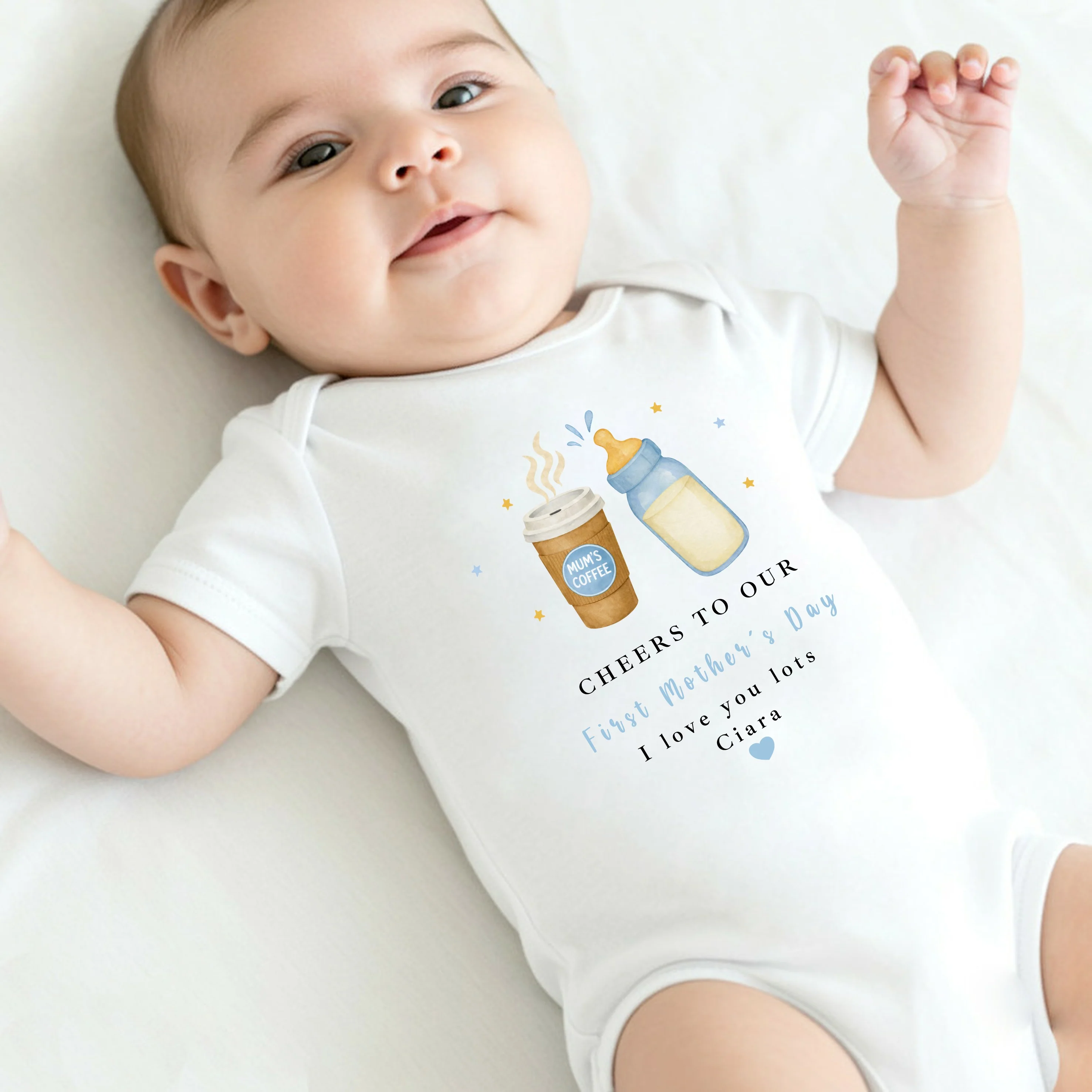 Personalised Blue Cheers Our First Mother's Day Baby Grow, Vest or Bib - Image 6