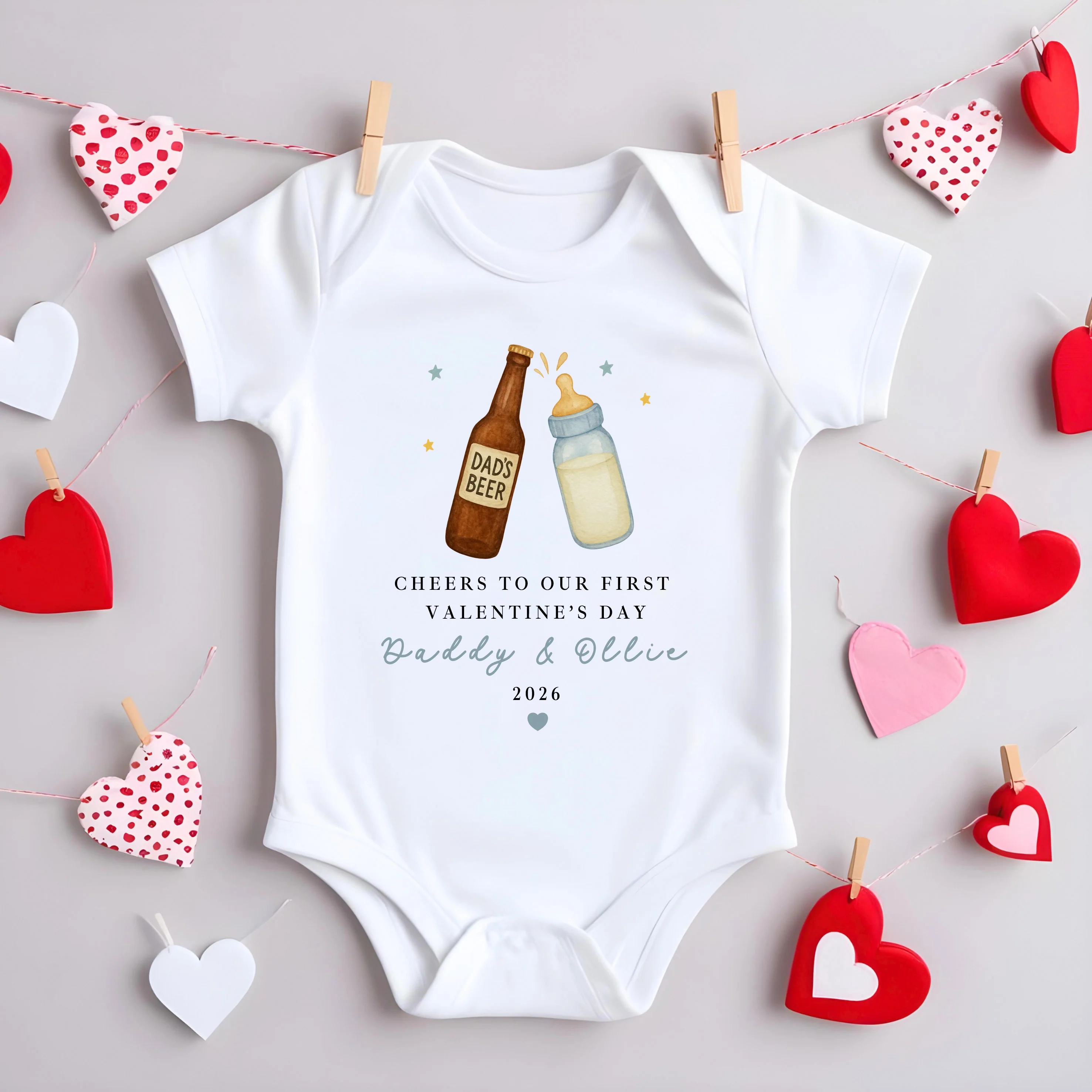 Personalised Blue Cheers Our First Valentines Day Baby Grow, Vest or Bib - Image 3