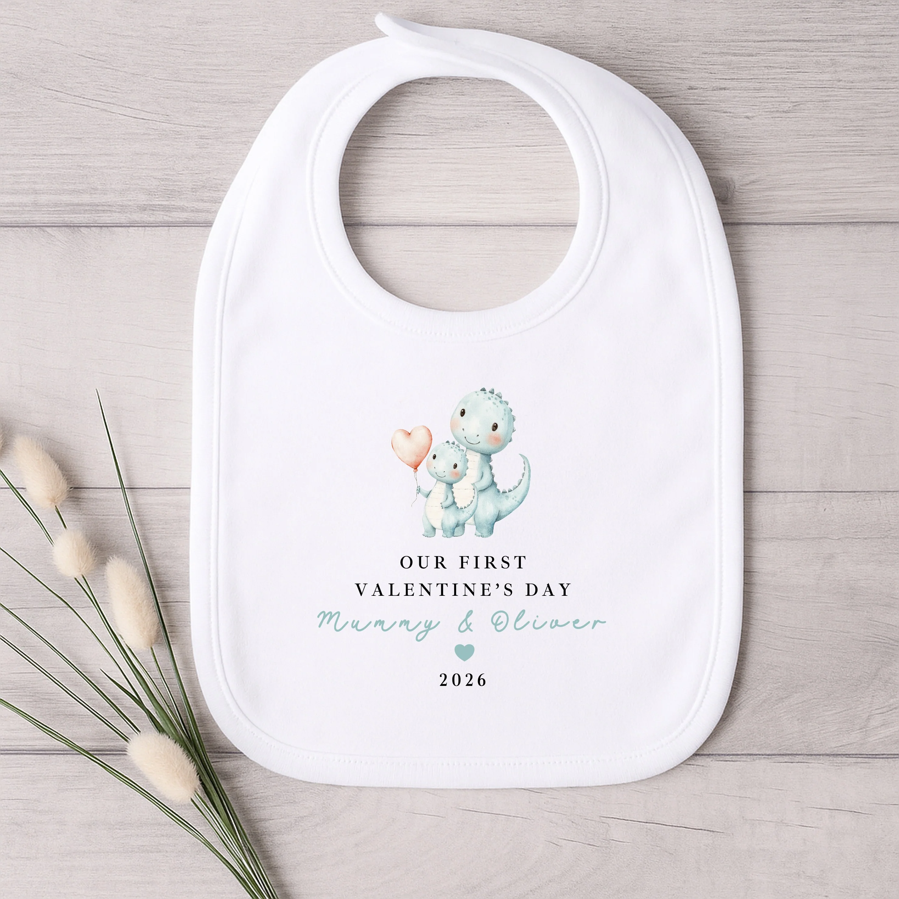 Personalised Blue Dinosaur Our First Valentines Day Baby Grow, Vest or Bib - Image 3