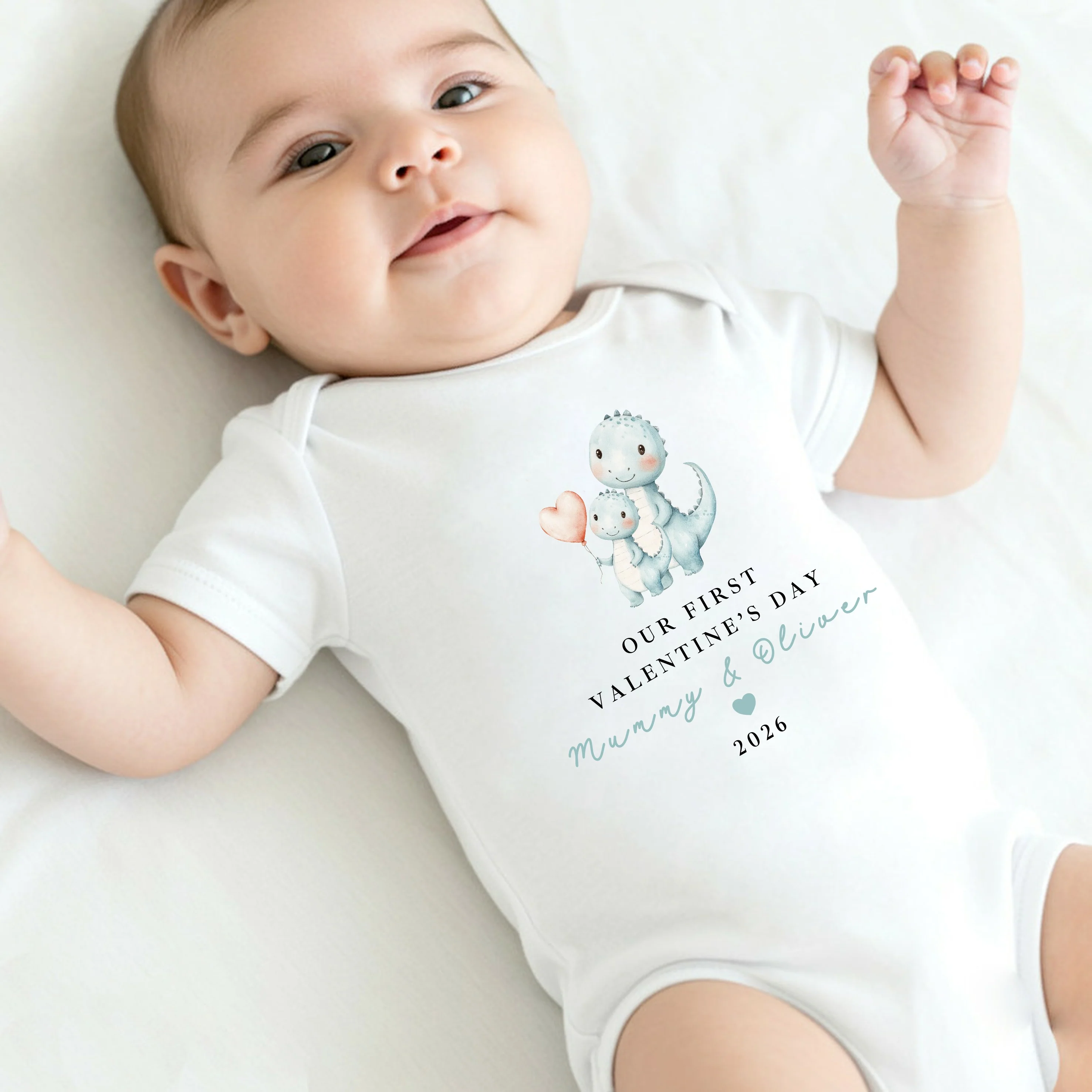 Personalised Blue Dinosaur Our First Valentines Day Baby Grow, Vest or Bib - Image 4