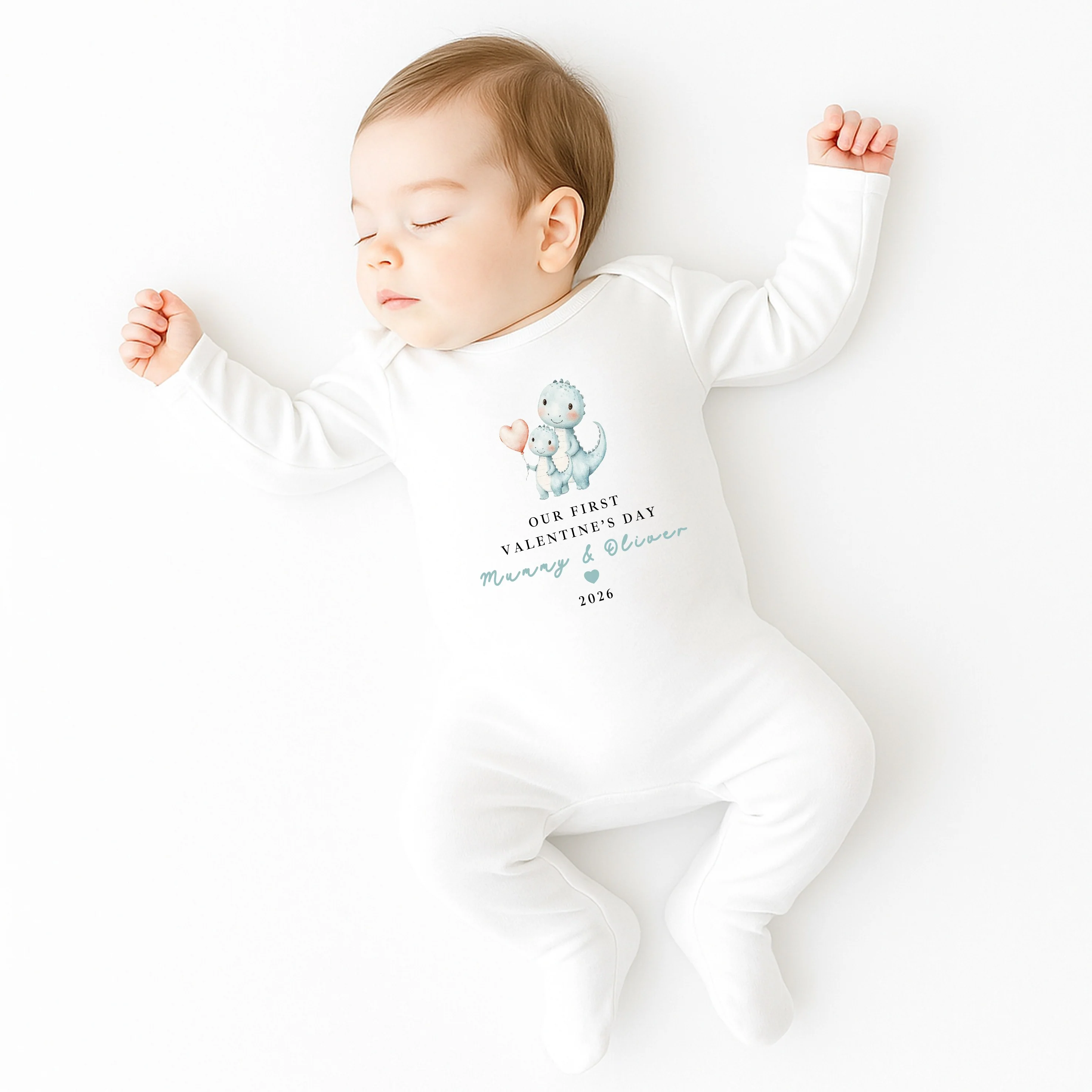 Personalised Blue Dinosaur Our First Valentines Day Baby Grow, Vest or Bib - Image 5