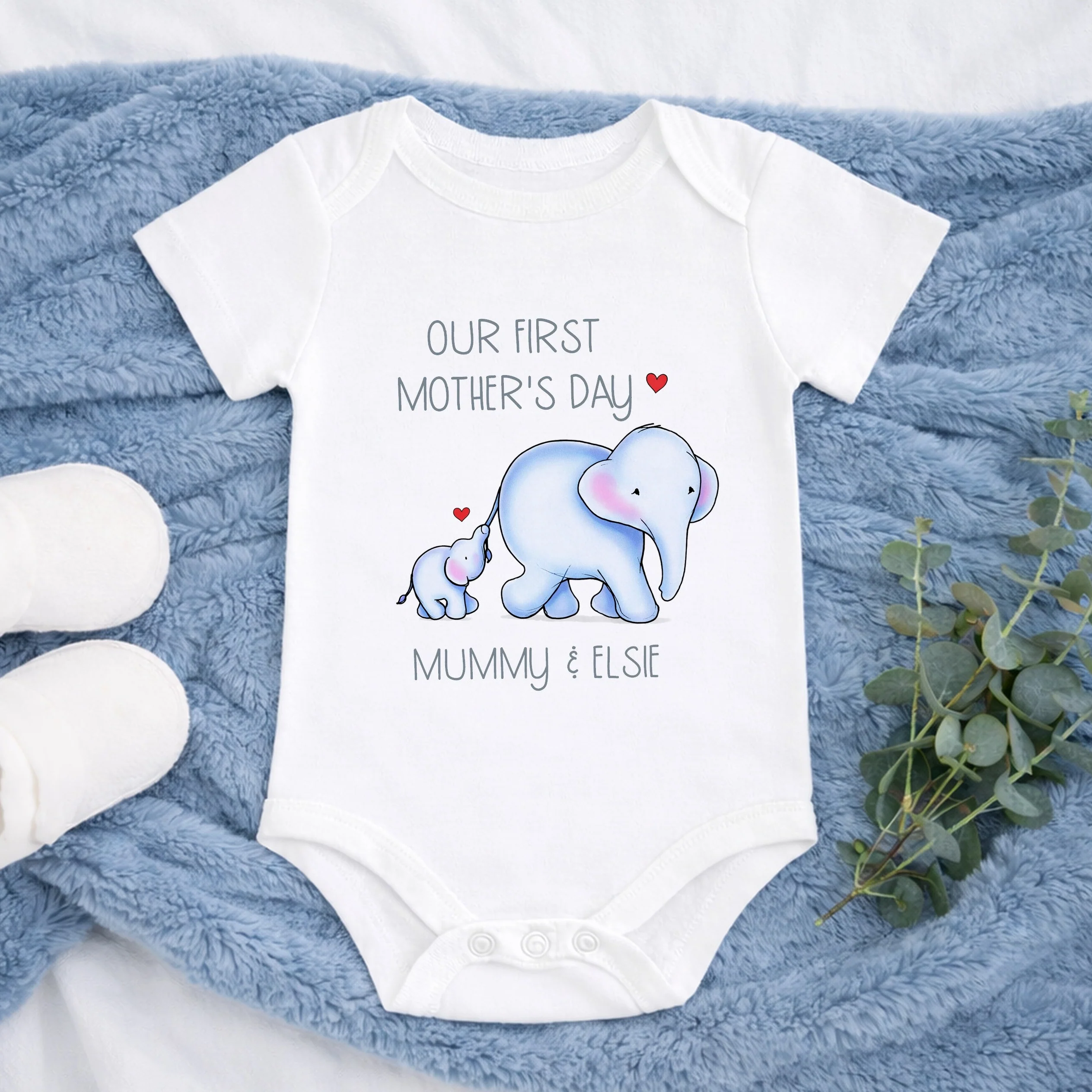 Personalised Blue Elephannts Our First Mother's Day Baby Grow, Vest or Bib - Image 2