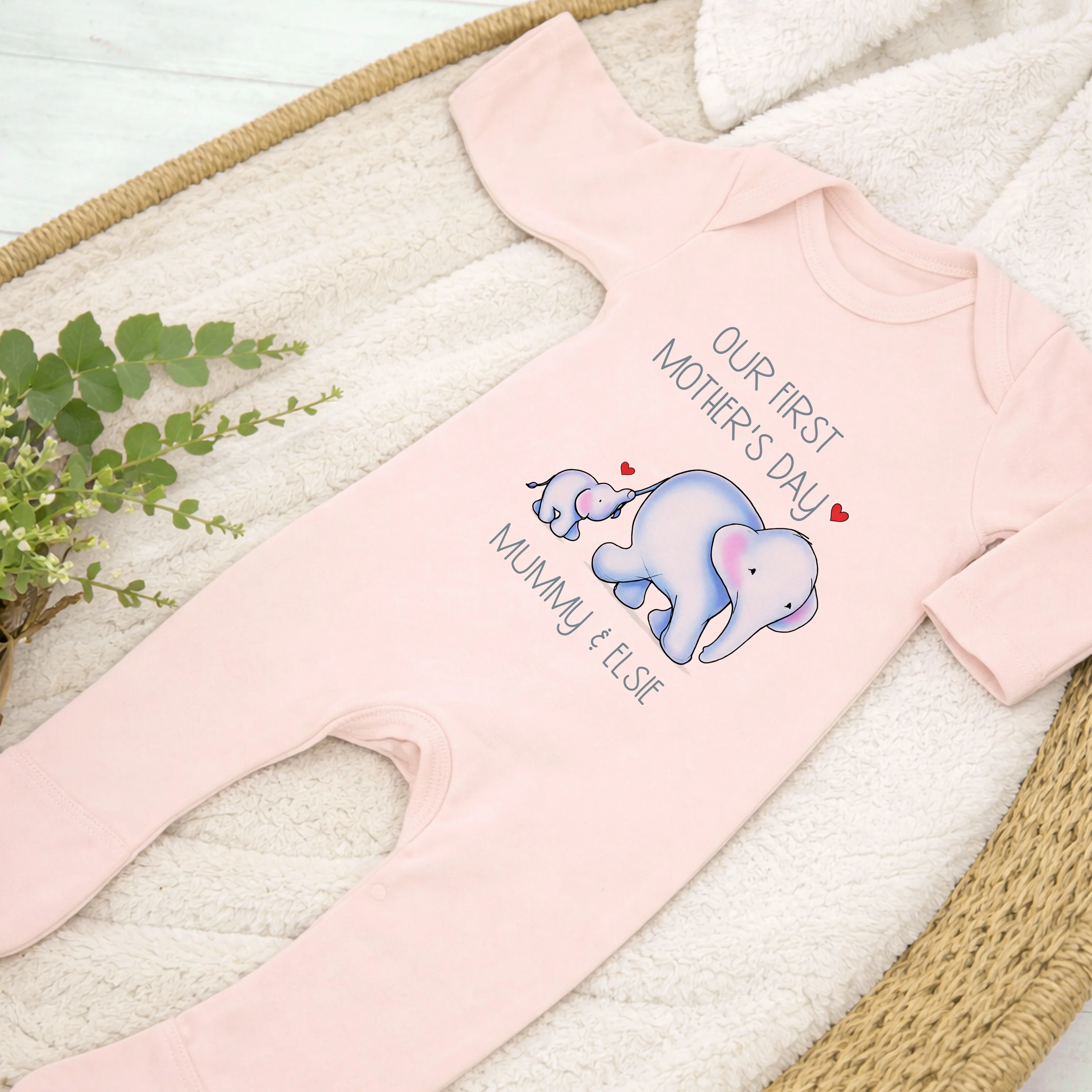 Personalised Blue Elephannts Our First Mother's Day Baby Grow, Vest or Bib - Image 3