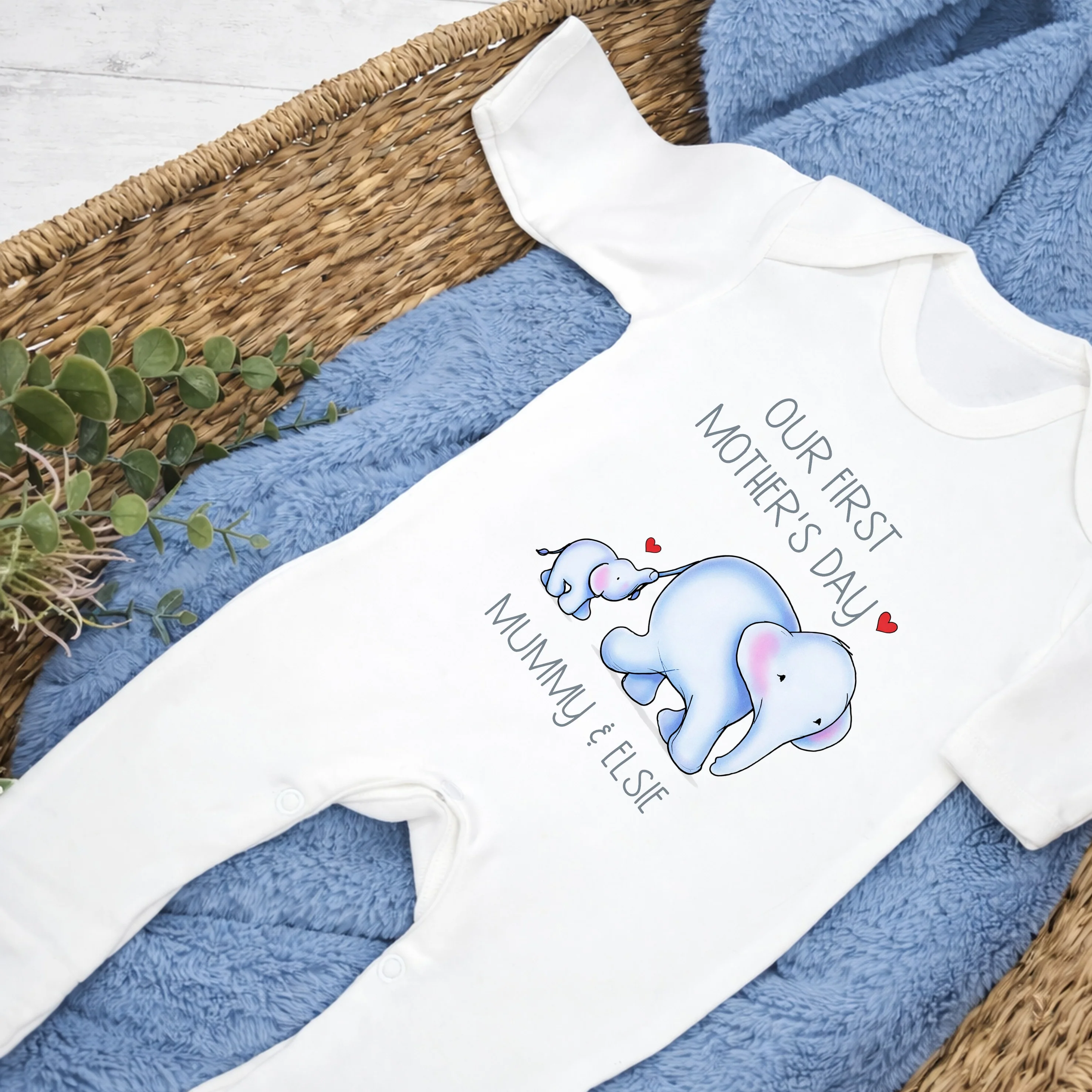 Personalised Blue Elephannts Our First Mother's Day Baby Grow, Vest or Bib - Image 4