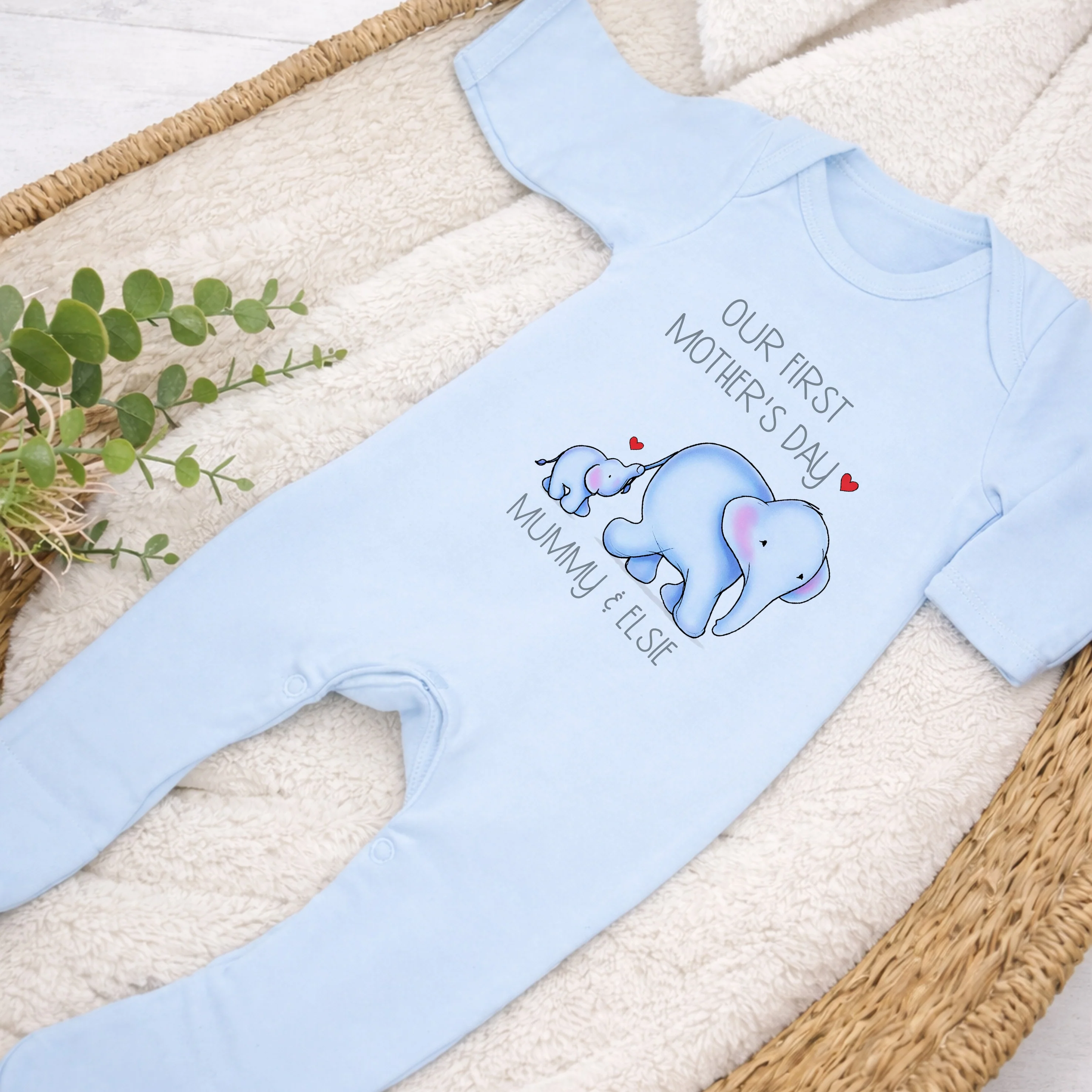 Personalised Blue Elephannts Our First Mother's Day Baby Grow, Vest or Bib - Image 5