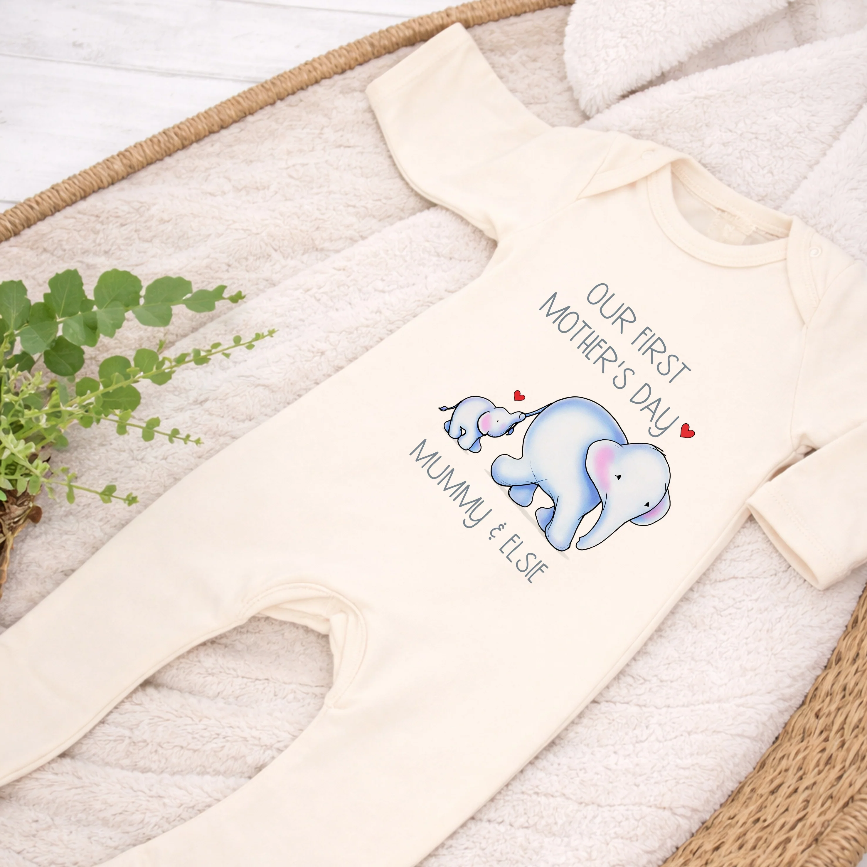 Personalised Blue Elephannts Our First Mother's Day Baby Grow, Vest or Bib - Image 6