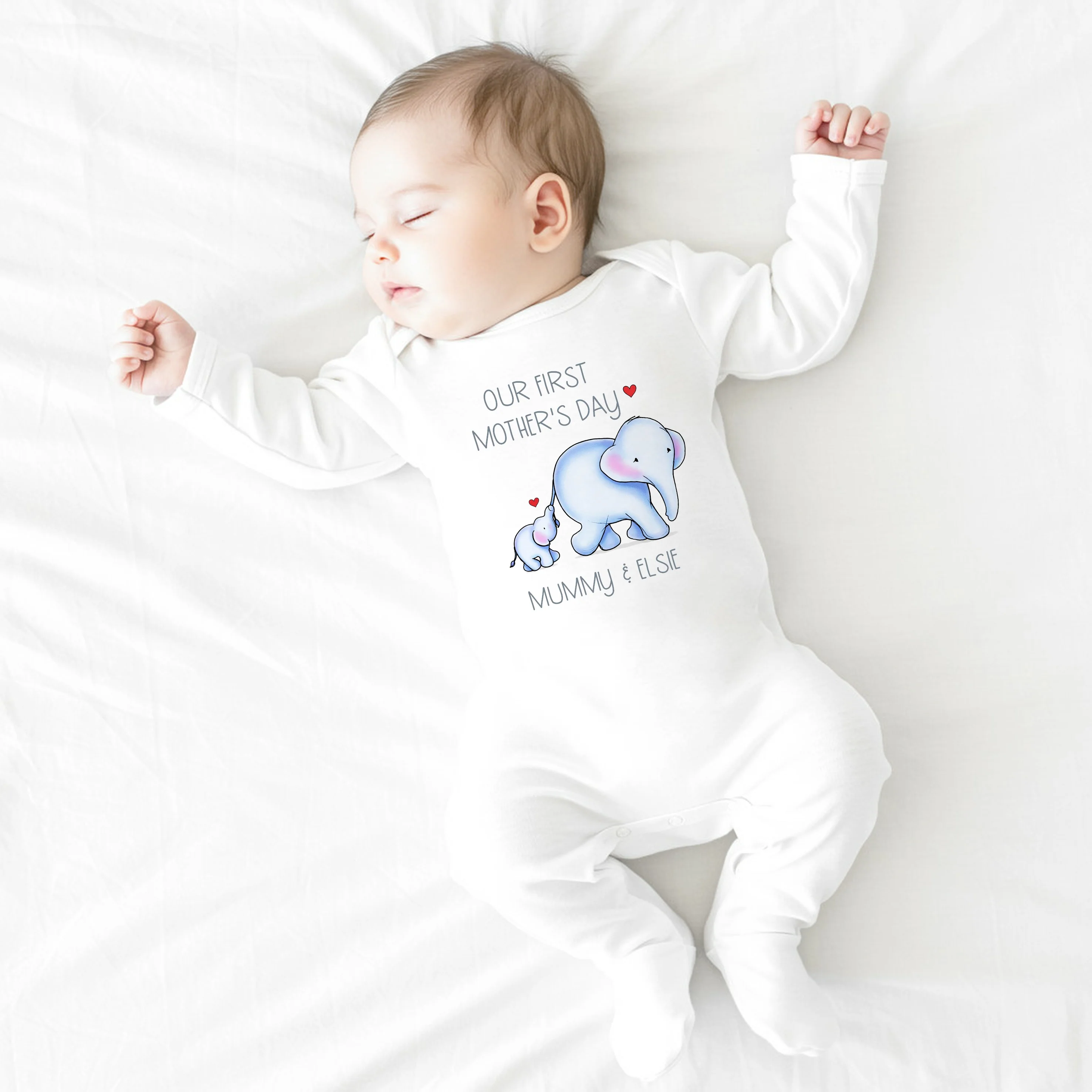 Personalised Blue Elephannts Our First Mother's Day Baby Grow, Vest or Bib - Image 8