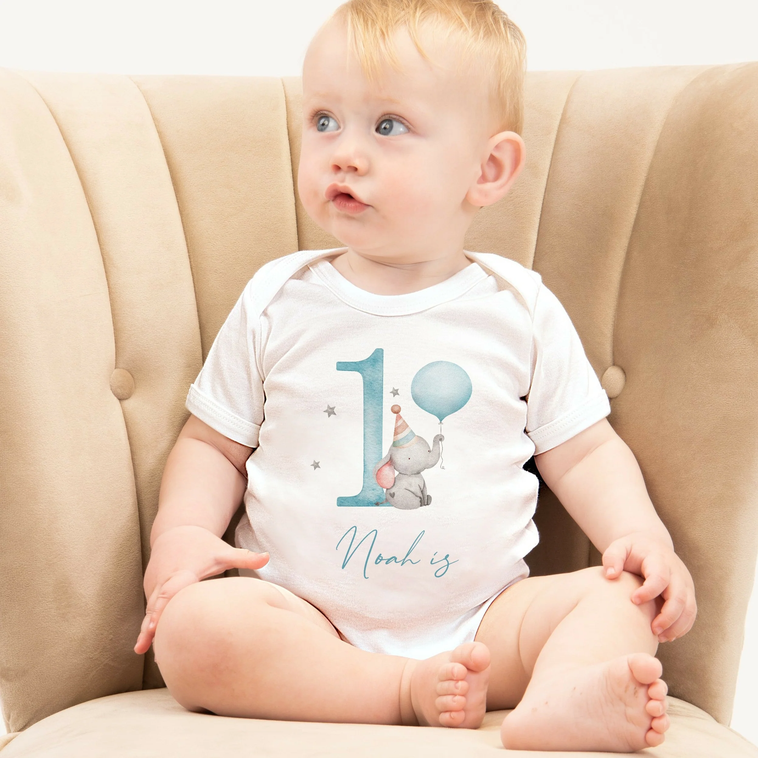 Personalised Blue Elephant Balloon First Birthday Vest