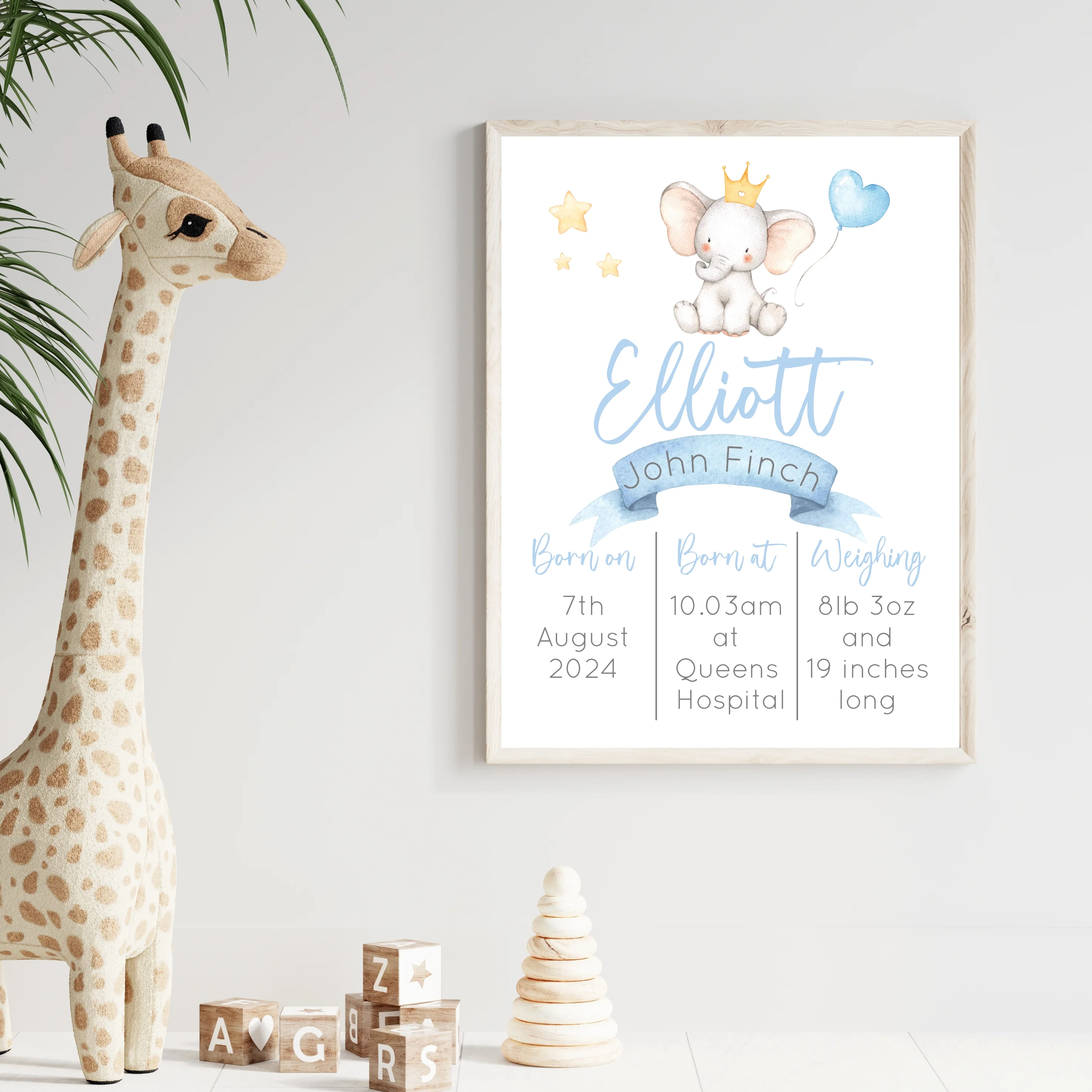 Personalised Blue Elephant Birth Stats Wall Art - Image 2