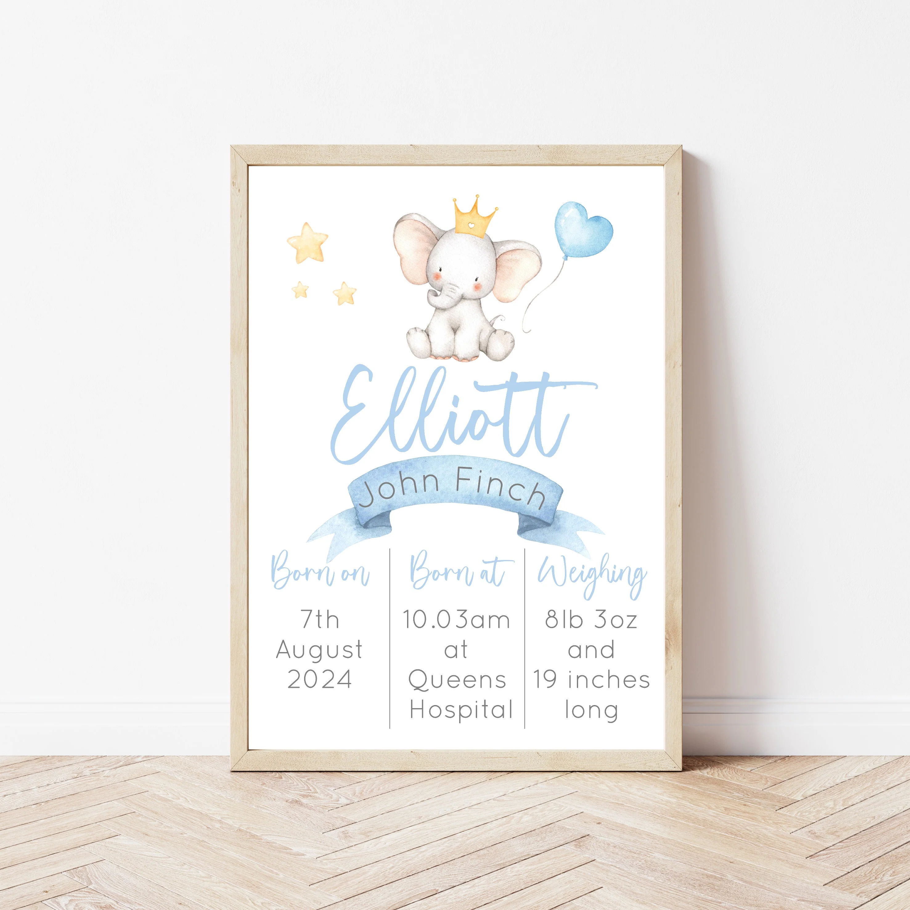Personalised Blue Elephant Birth Stats Wall Art - Image 3