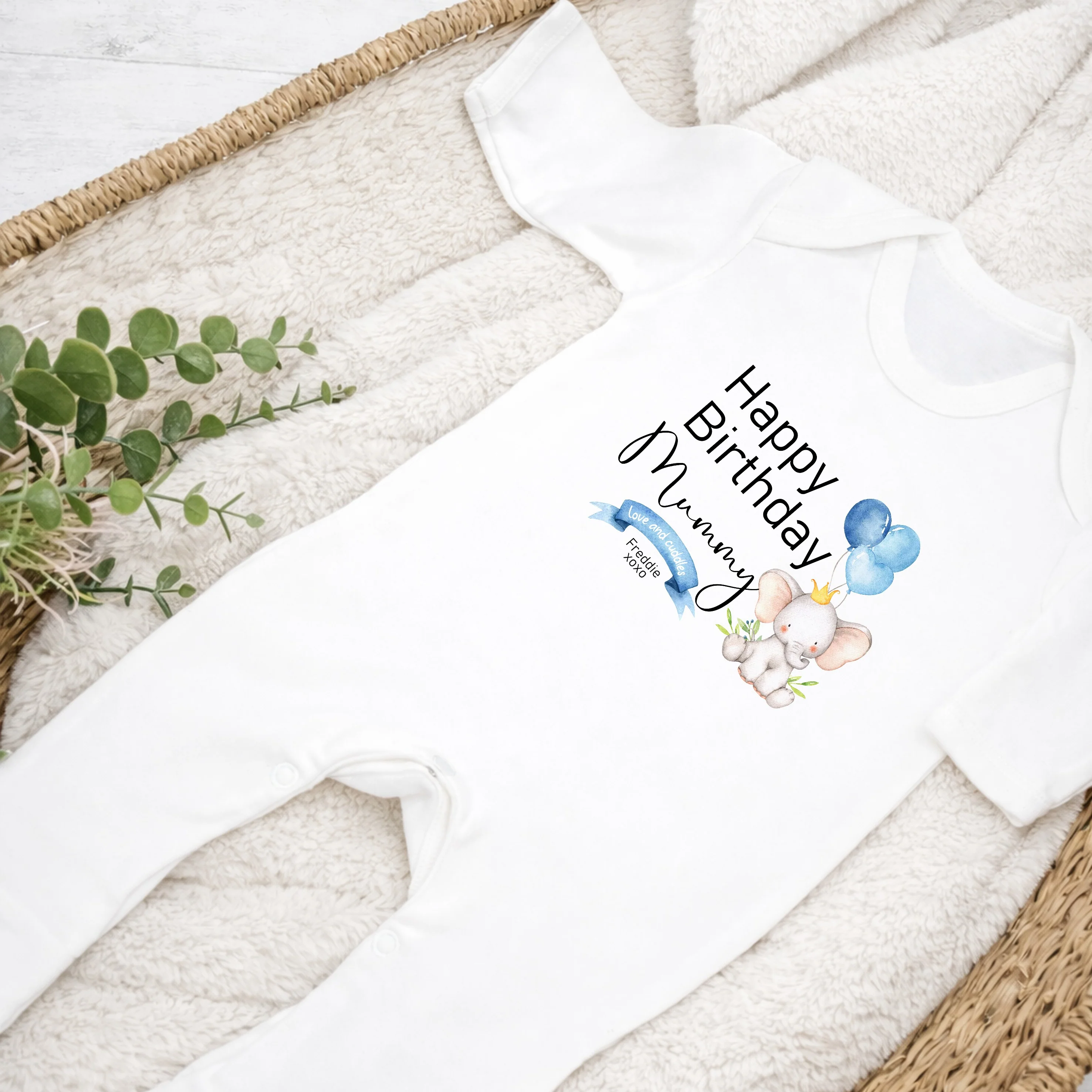 Personalised Blue Elephant Happy Birthday Daddy/Mummy Baby Grow or Vest - Image 2