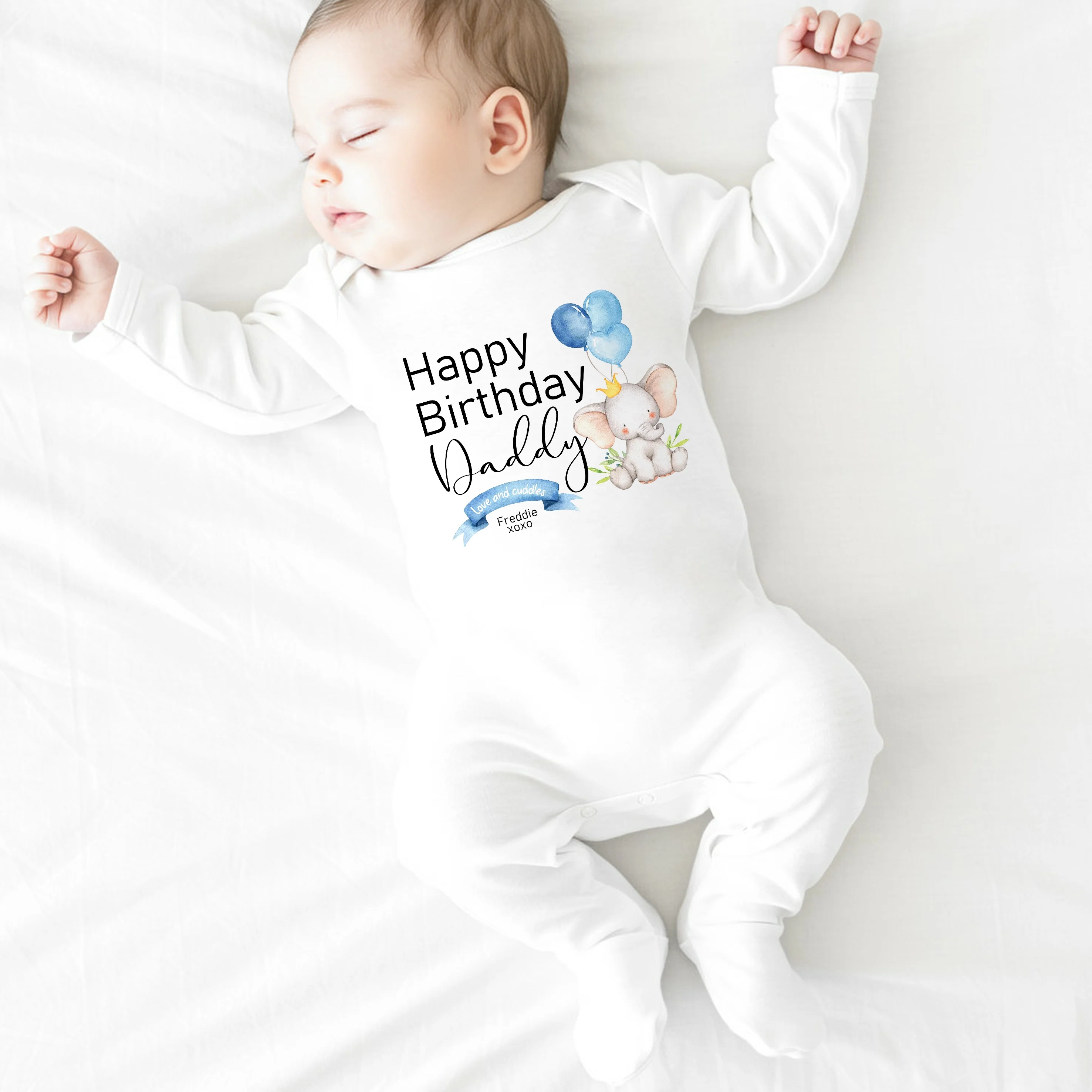 Personalised Blue Elephant Happy Birthday Daddy/Mummy Baby Grow or Vest - Image 4